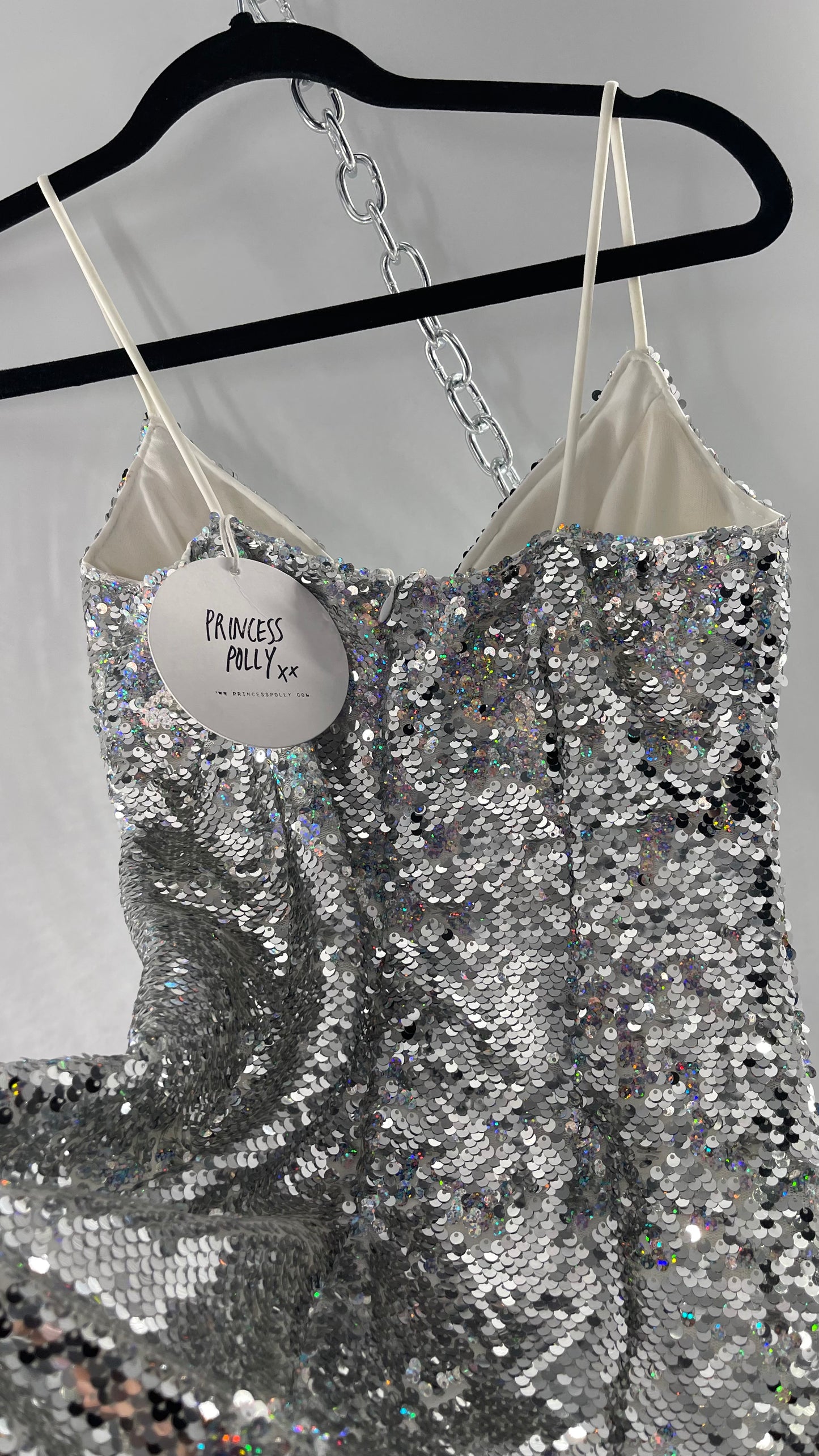Princess Polly Silver Iridescent Sequin Mini Dress with Triangle Cups and Thigh Slit (0)