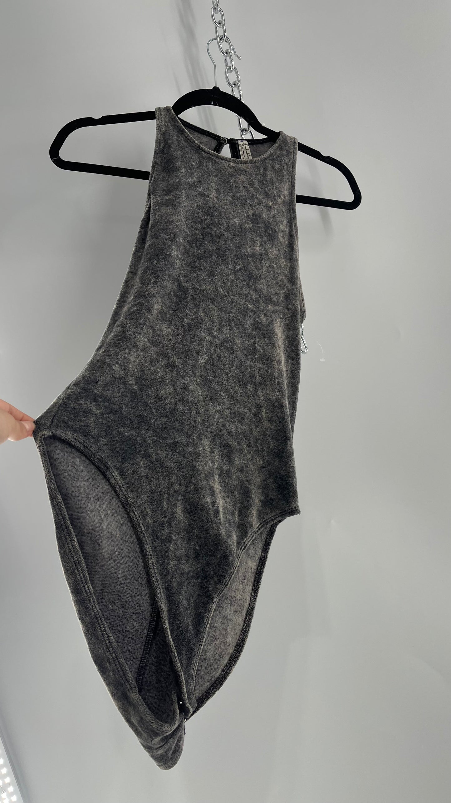 Free People Charcoal Acid Wash Velour Terry Cloth Bodysuit (Small)