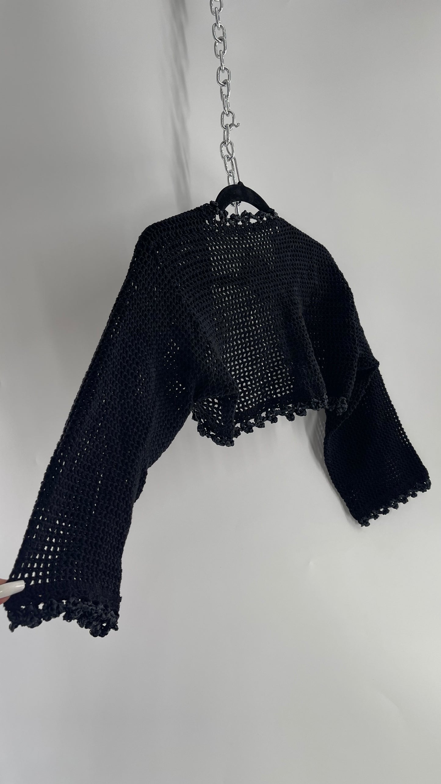 Vintage Black Hand Knit Crochet Shrug with Ribbon Detailing (Medium)