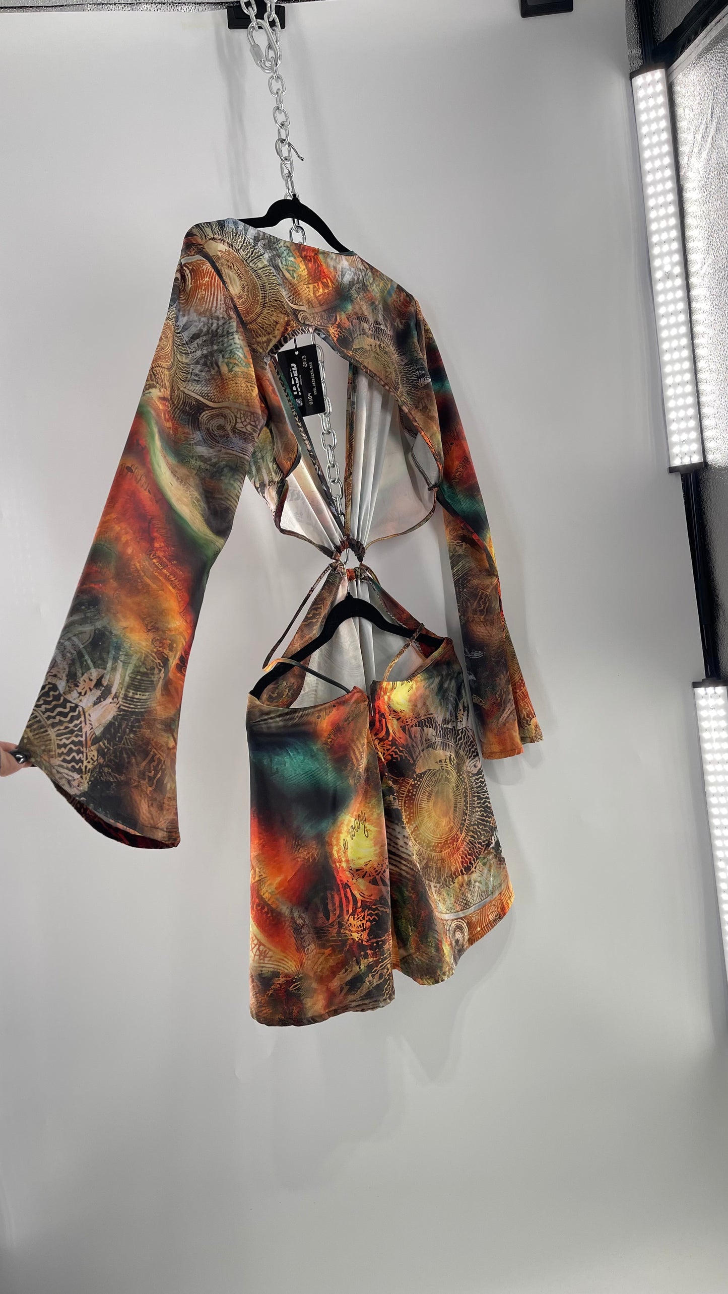 Jaded London Graphic Green, Orange, Yellow Dress with Bell Sleeves, Cut Out Waist and Straps (10)