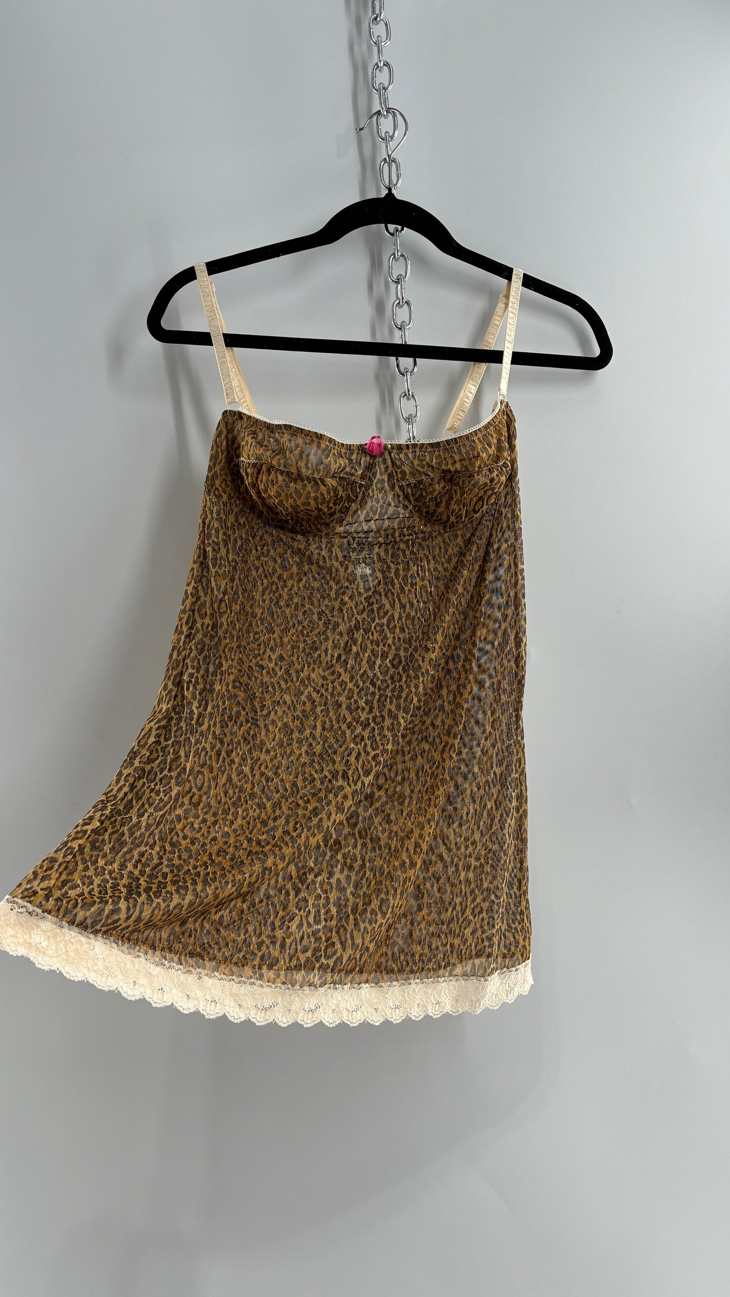 Vintage 1990s Dolce & Gabanna Cheetah Mesh Babydoll Camisole with Underwire Ruched Bust, Rosette and Branded Appliqué Tag (Large)