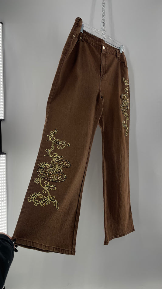 Vintage Midnight Velvet Embroidered + Beaded Brown Flares (18W)