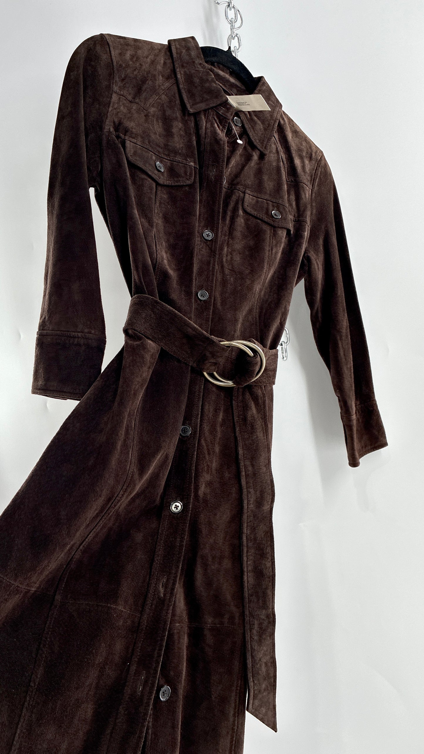 Vintage LOFT Brown Suede Leather Button Front, Belted Midi Dress with Tags Attached (4)