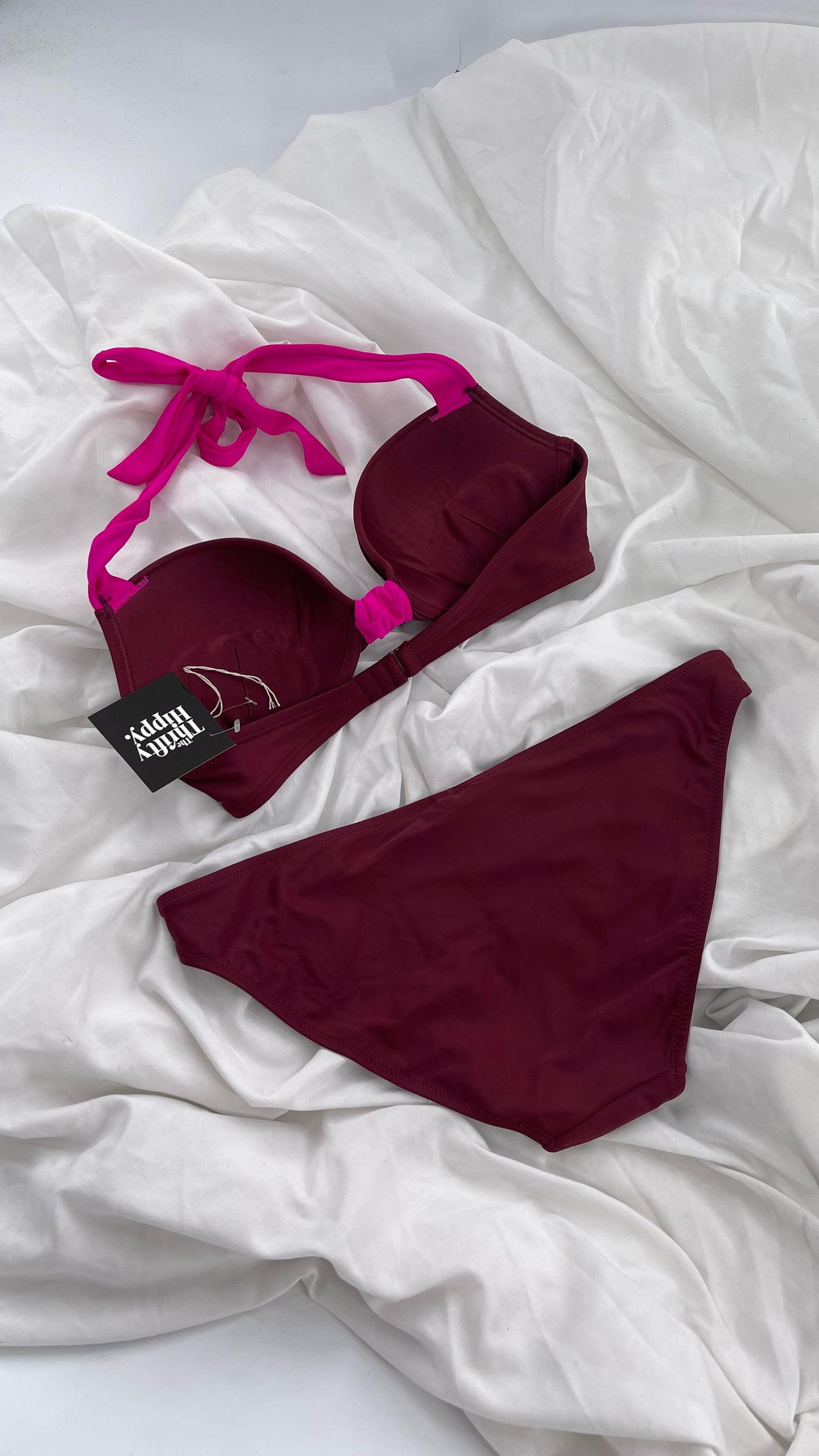 AERIE Burgundy Padded Underwire Swim Top Set with Fuchsia Details (36C/L Bottoms)