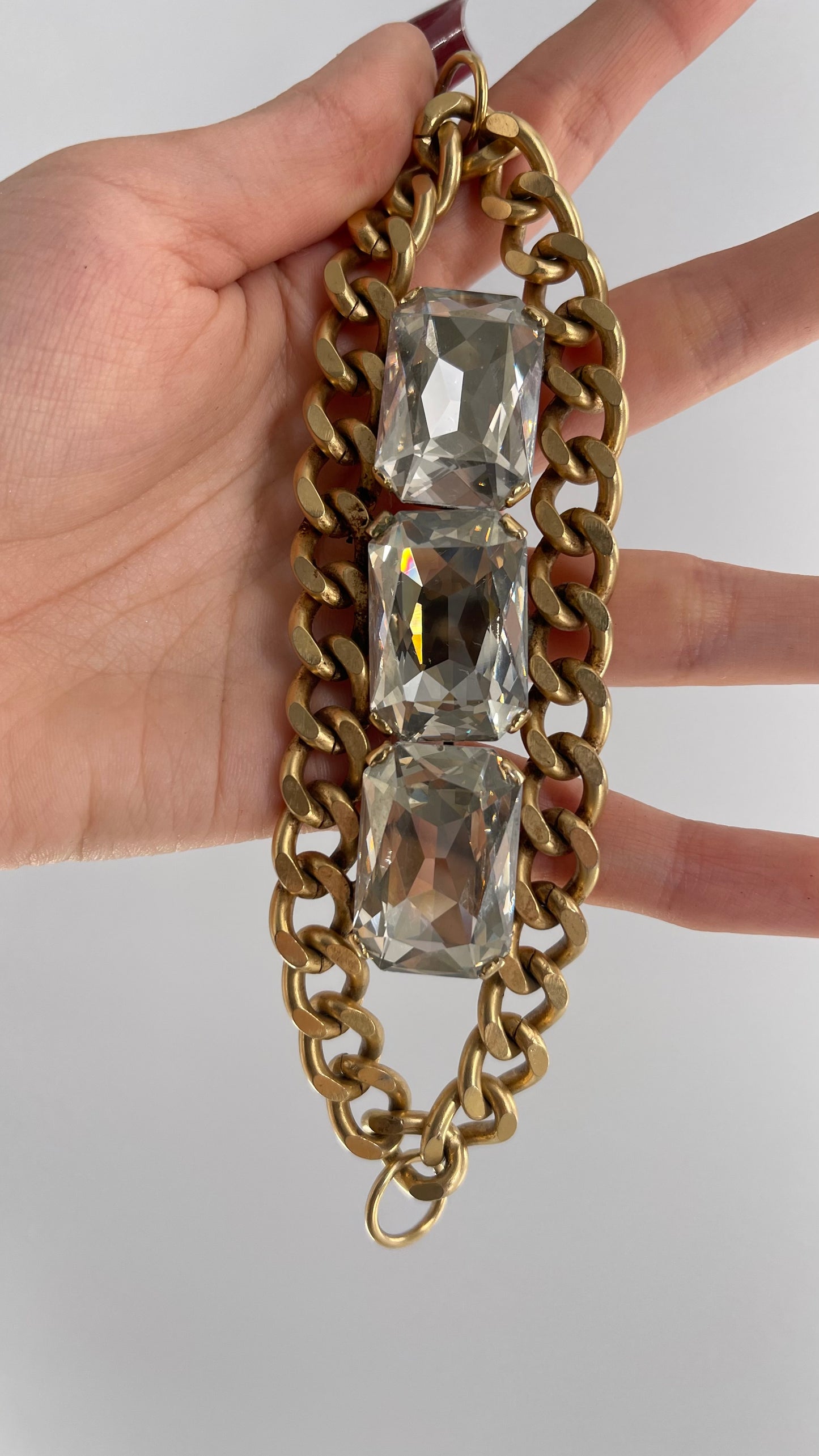 Anthropologie Gold Chain Bracelet with Oversized Rhinestone Gemstones