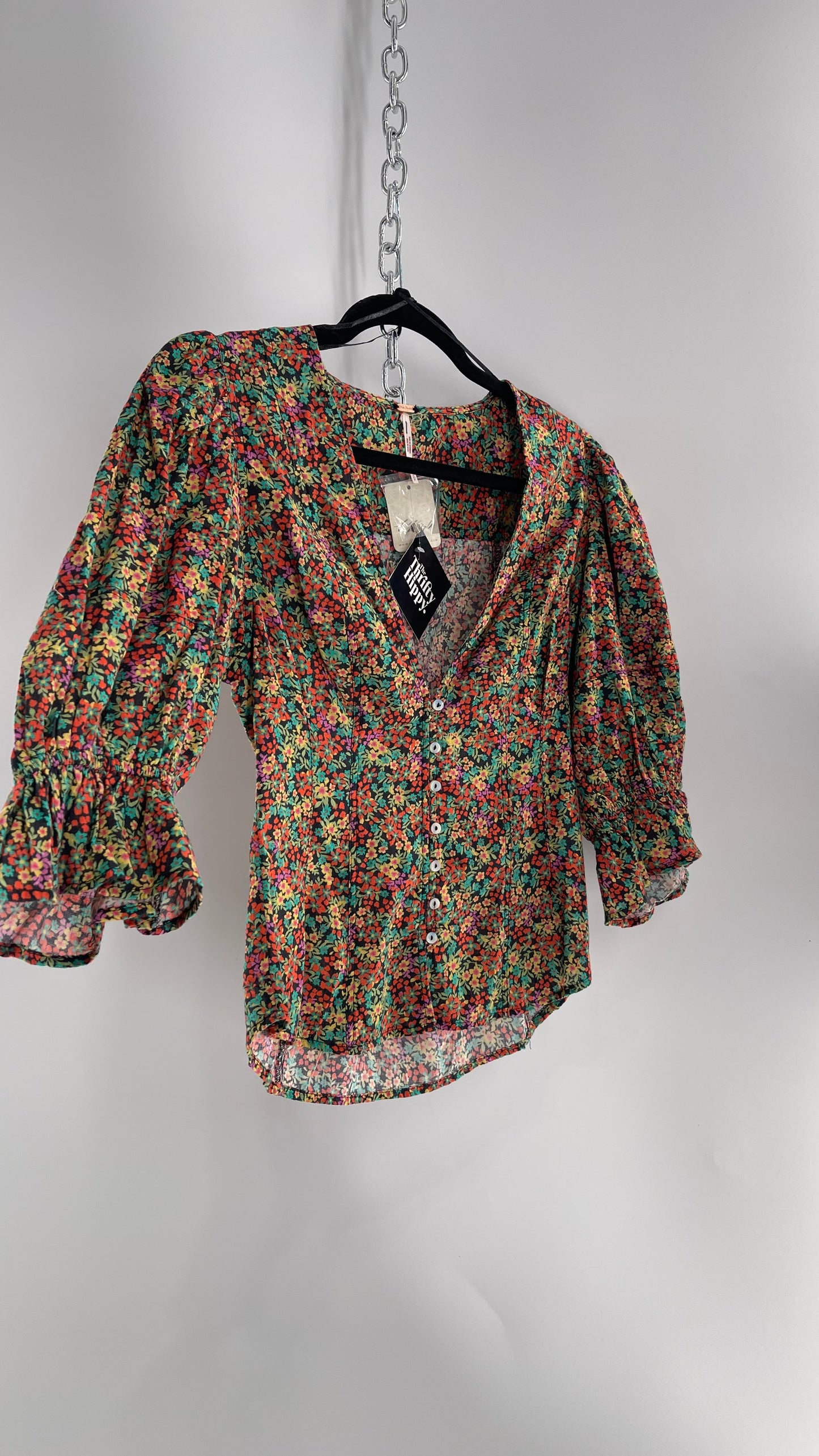 Free People 100% Cotton Colorful Florals Blouse with Deep V, Puff Sleeves, Button Front, and Tags Attached (Small)