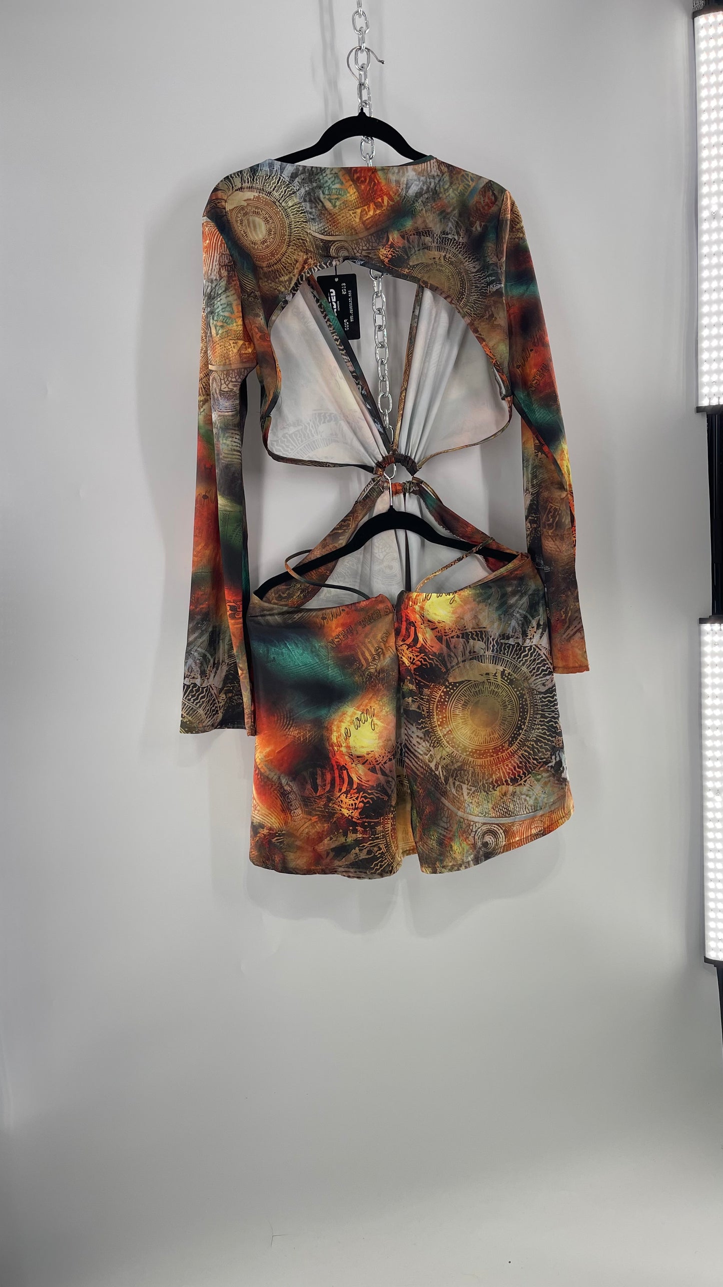 Jaded London Graphic Green, Orange, Yellow Dress with Bell Sleeves, Cut Out Waist and Straps (10)