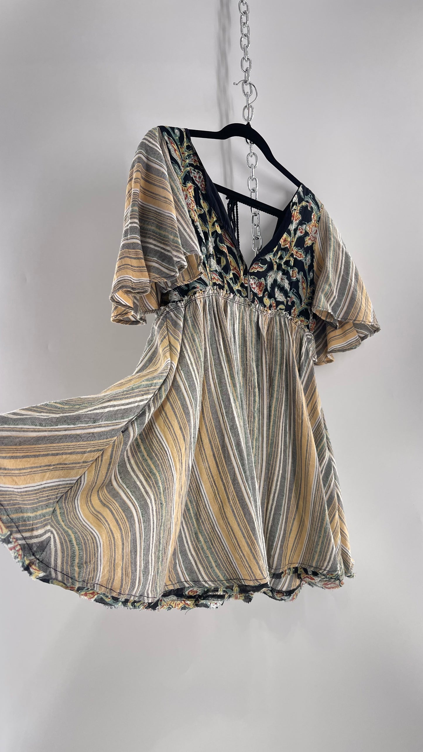 Free People Dual Fabric Floral/Woven Boho Babydoll Mini Dress (XS)