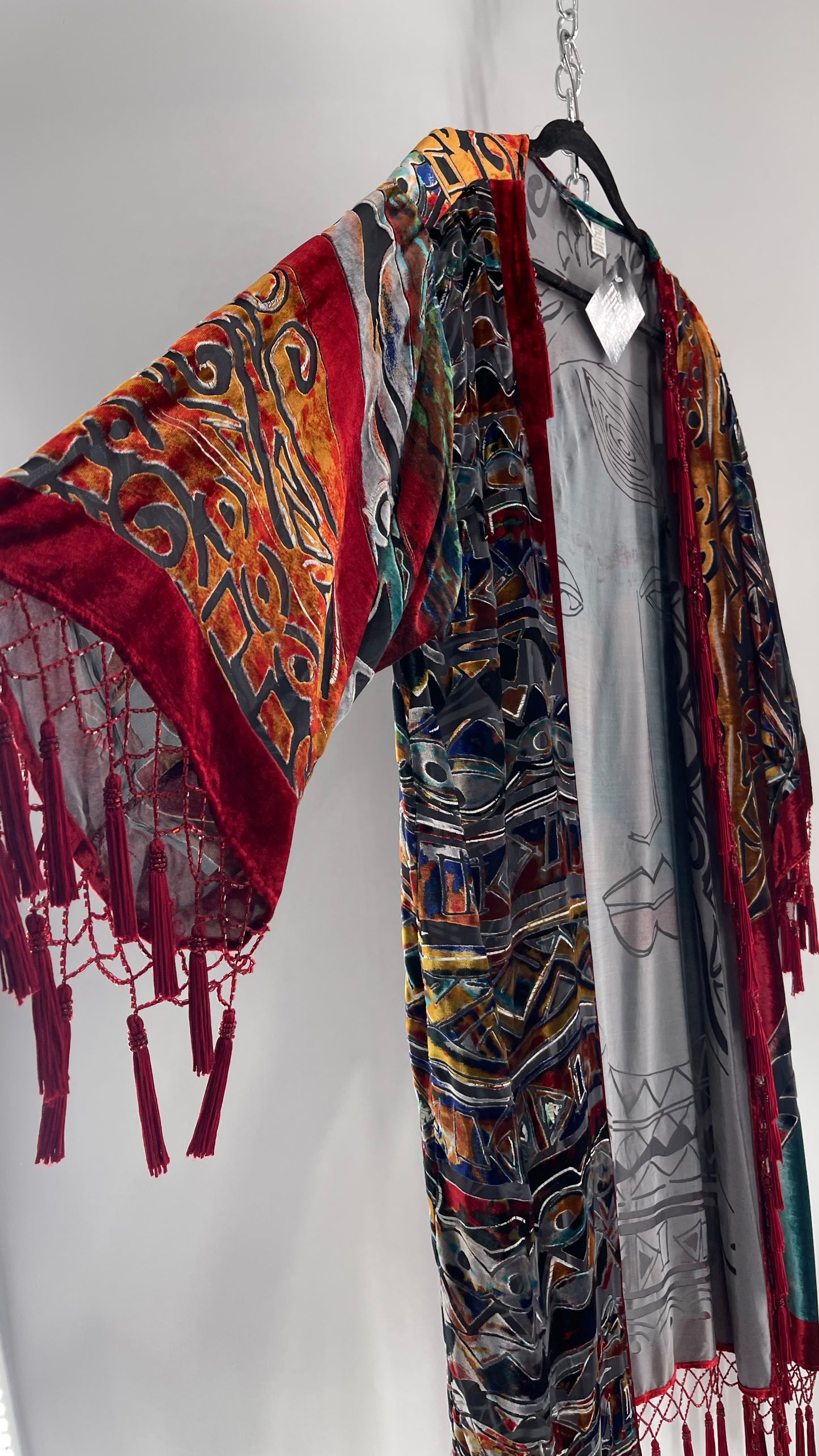 Vintage Burnout Buddhist Motif Velvet/Velour Beaded Fringe Duster Coat/Kimono with Tassel Sleeves and Hems (M/L)