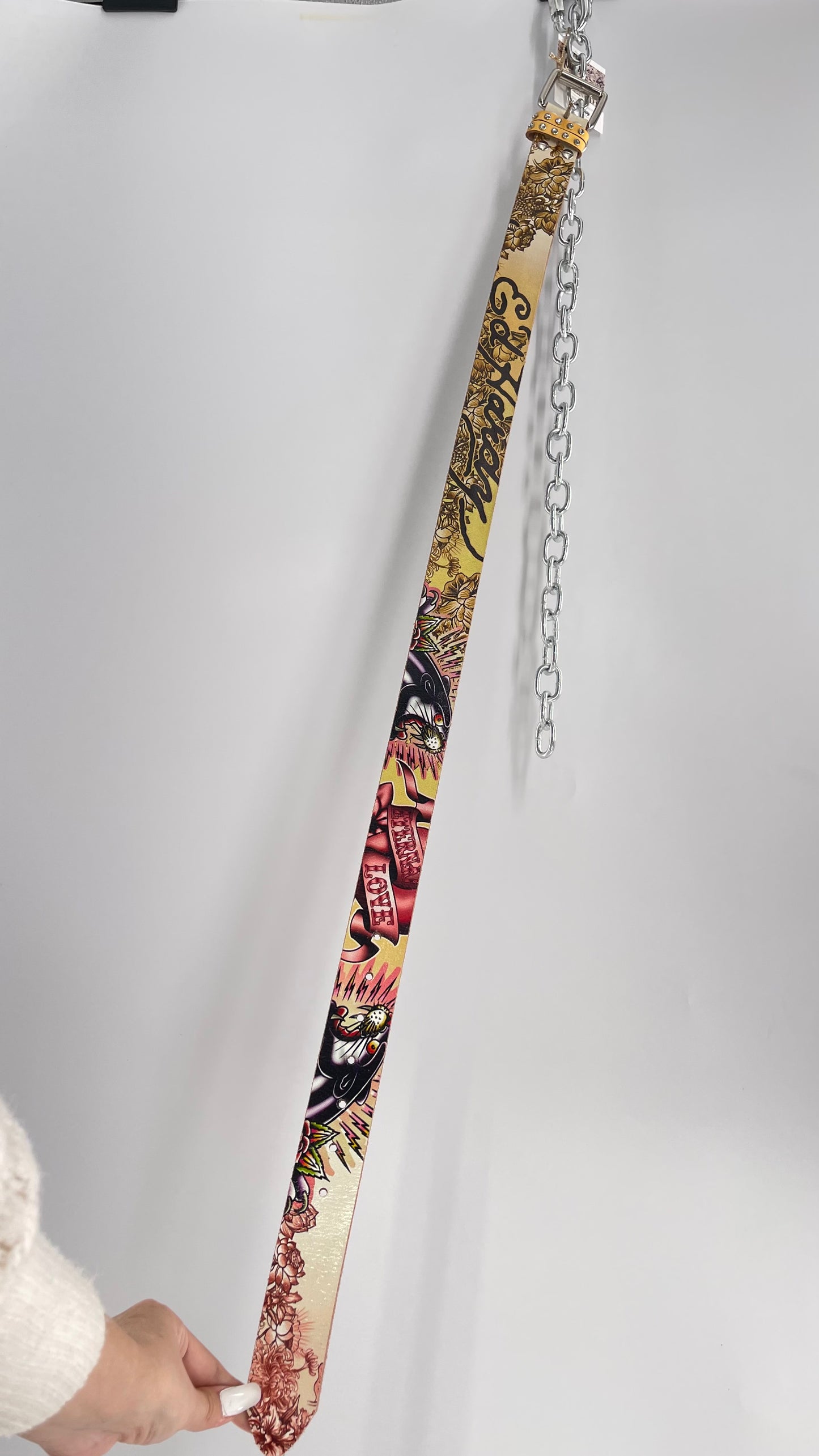 Ed Hardy Genuine Leather Belt with Rhinestones and Jaguars (M)