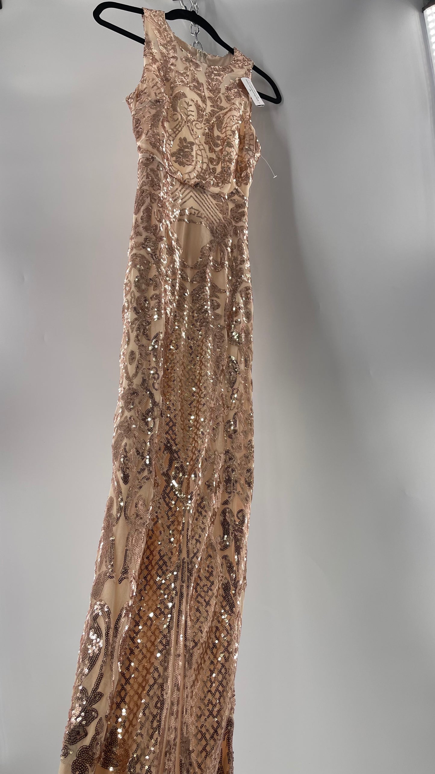 Windsor Rose Gold Sequin Maxi Dress with Side Slit Detail and Open Back (Small)