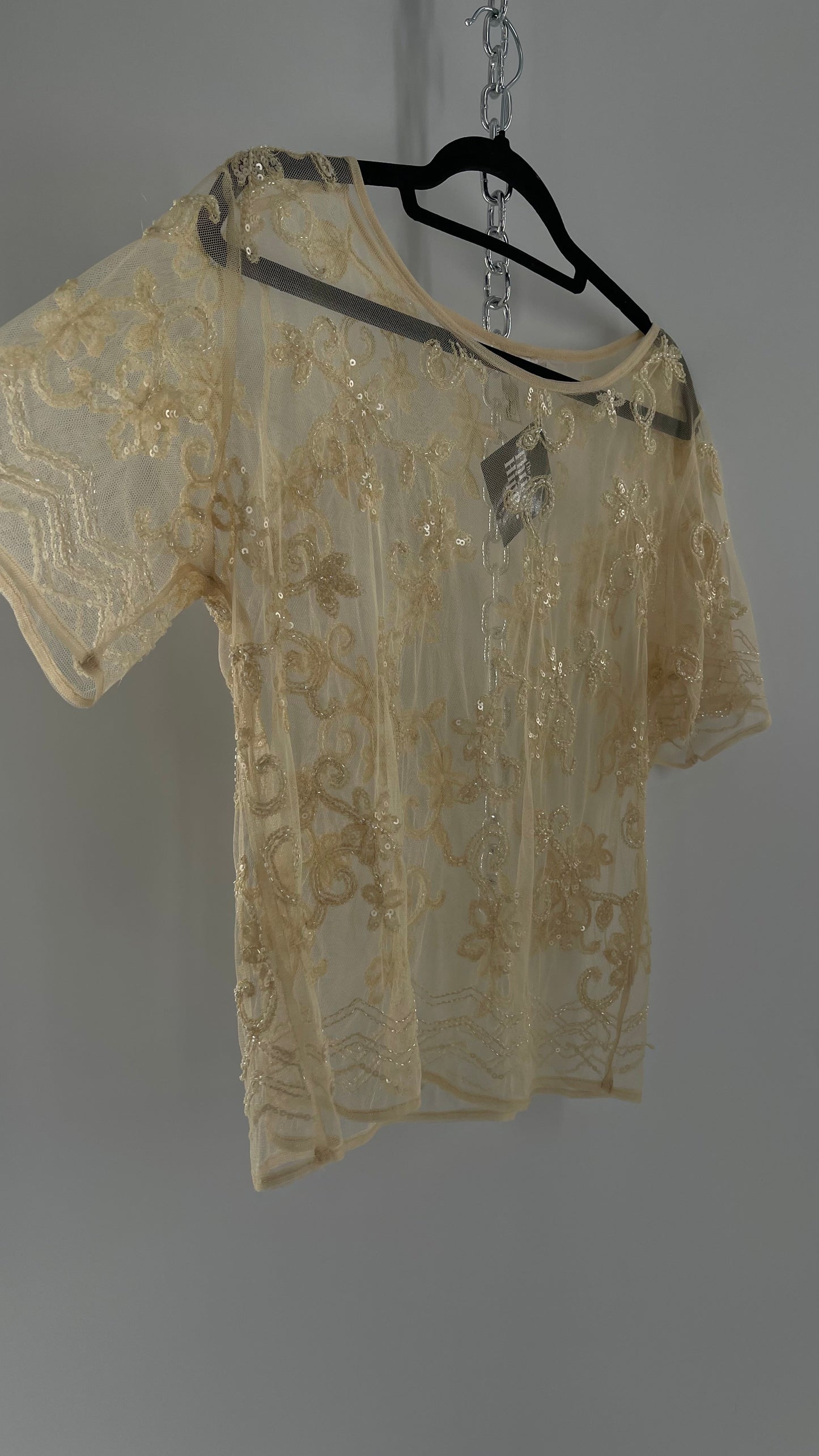 Vintage Forever 21 Baby Yellow Beaded Mesh T Shirt (Large)