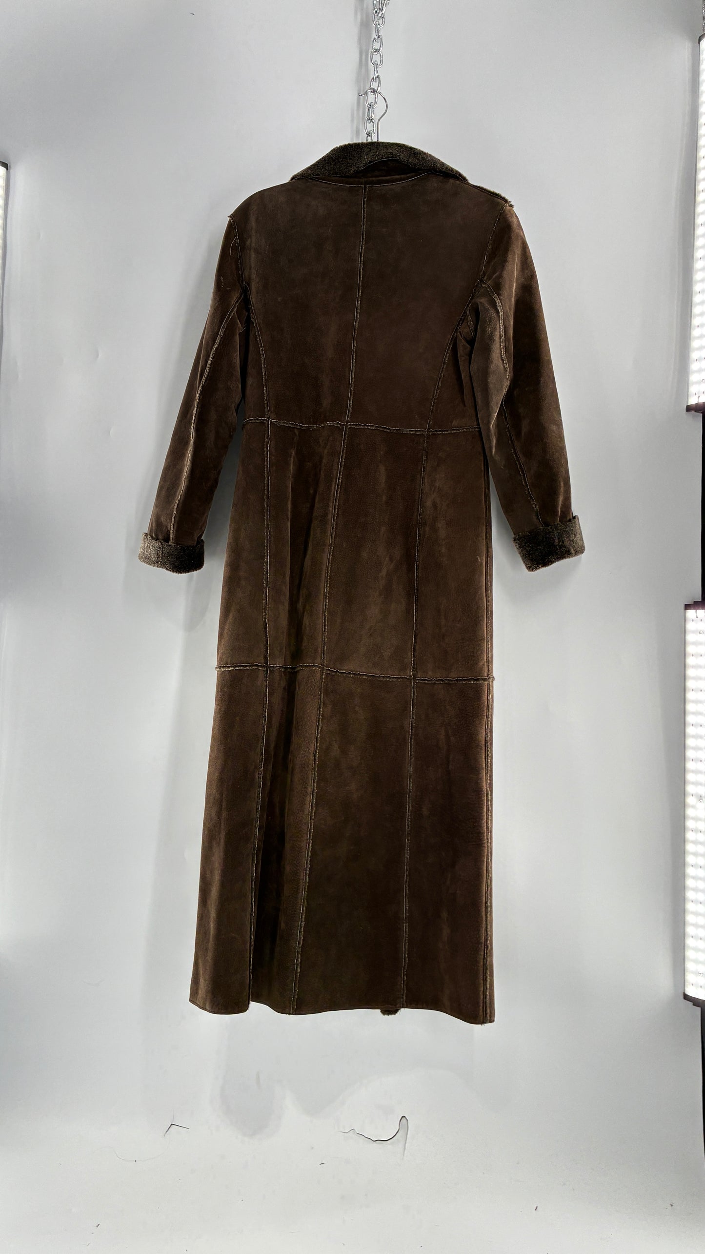 Vintage WINLIT Brown Full Length Paneled Suede Leather Coat (Small)