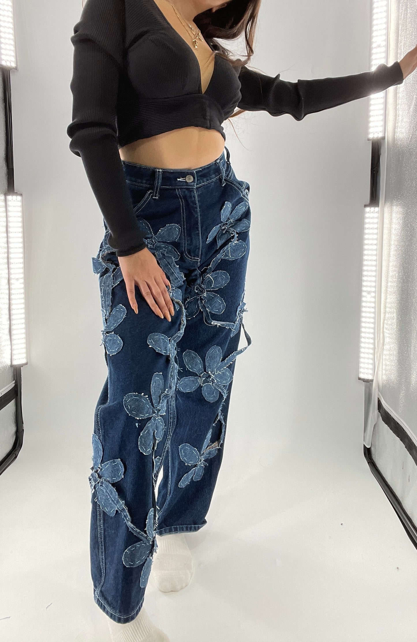 Handmade CUSTOM Dual Denim Tone Floral Vine Cargo Denims (S)