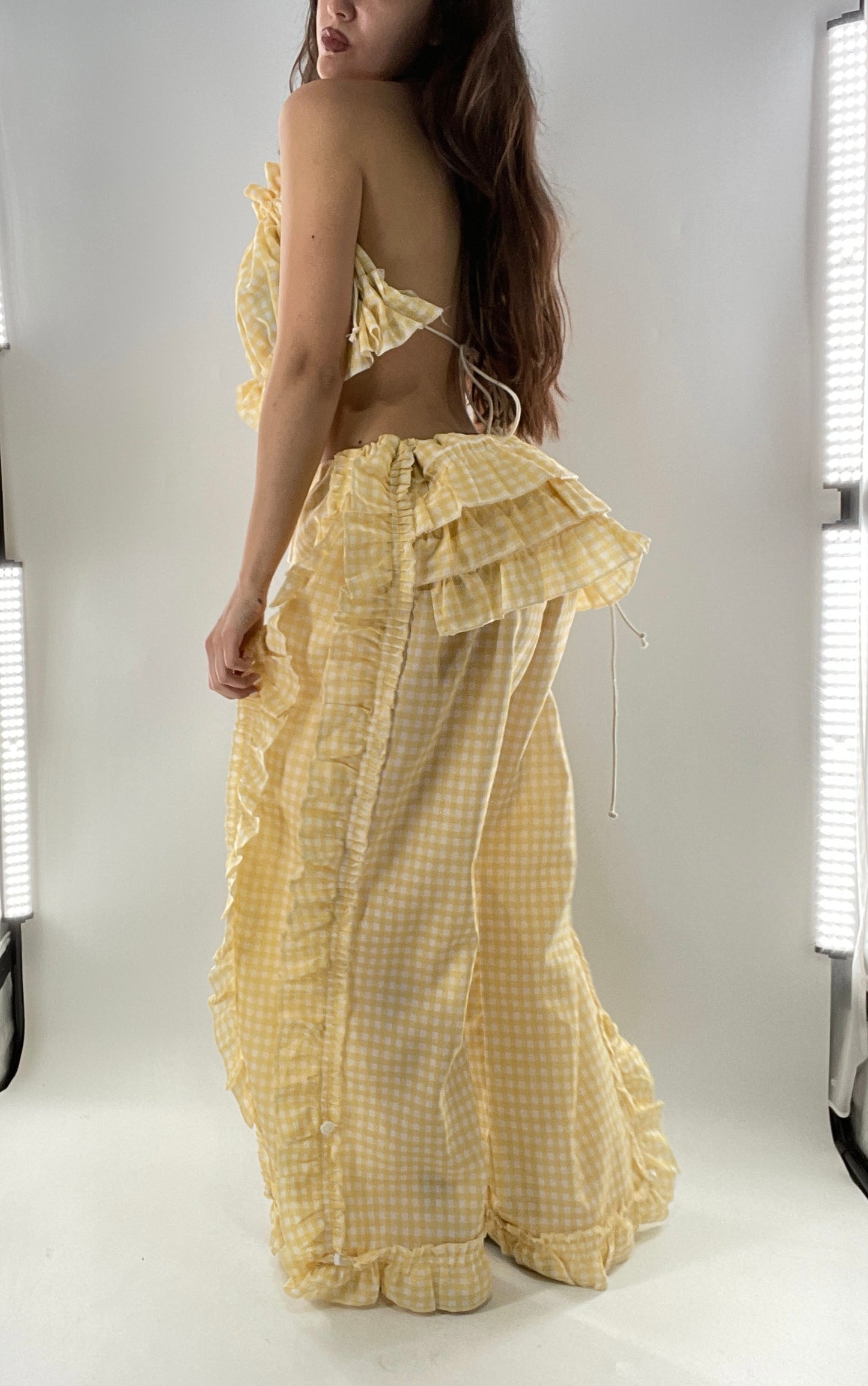 Vintage 2 Piece Yellow Checkered/Gingham Patterned Picnic Set with Ruched Bust Top and Ruffle Side Wide Legs with Adjustable Length, Strap Up Buttons on Hem (One Size)