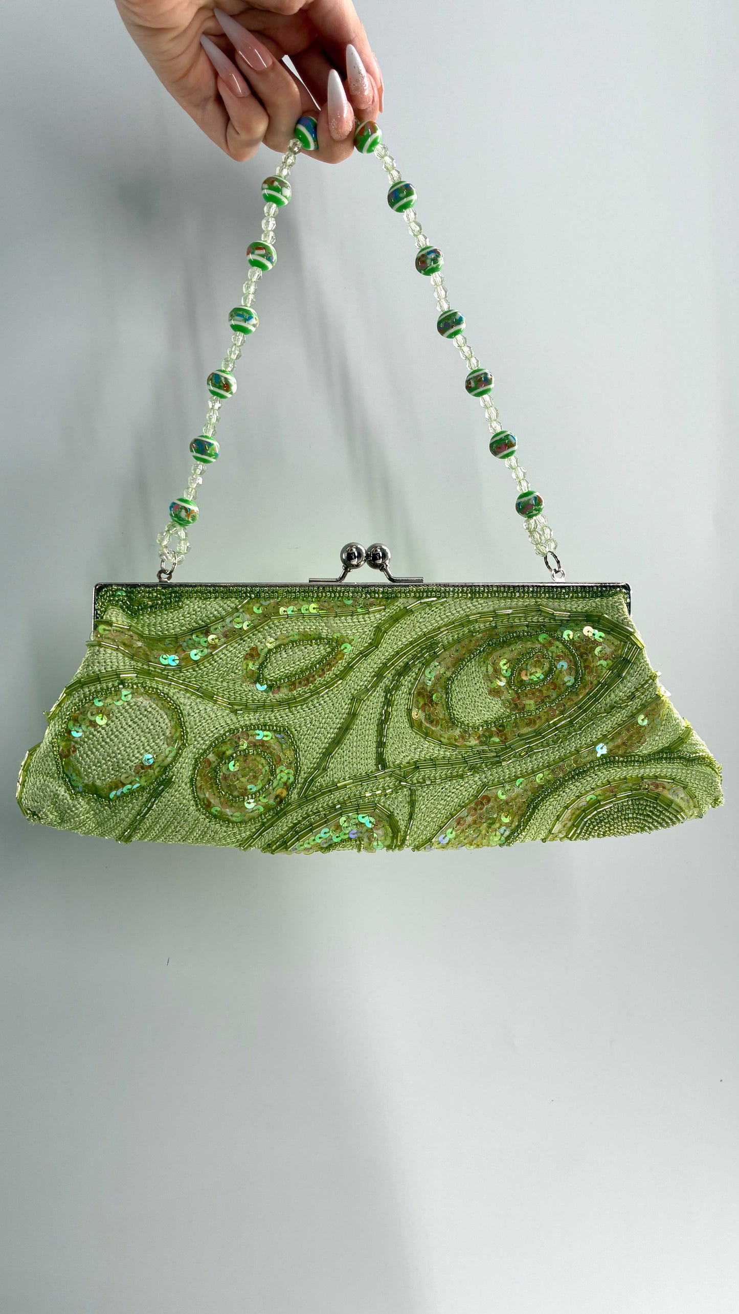 Vintage 1990s Light Green Knit Shoulder Purse with Sequins and Beaded Details