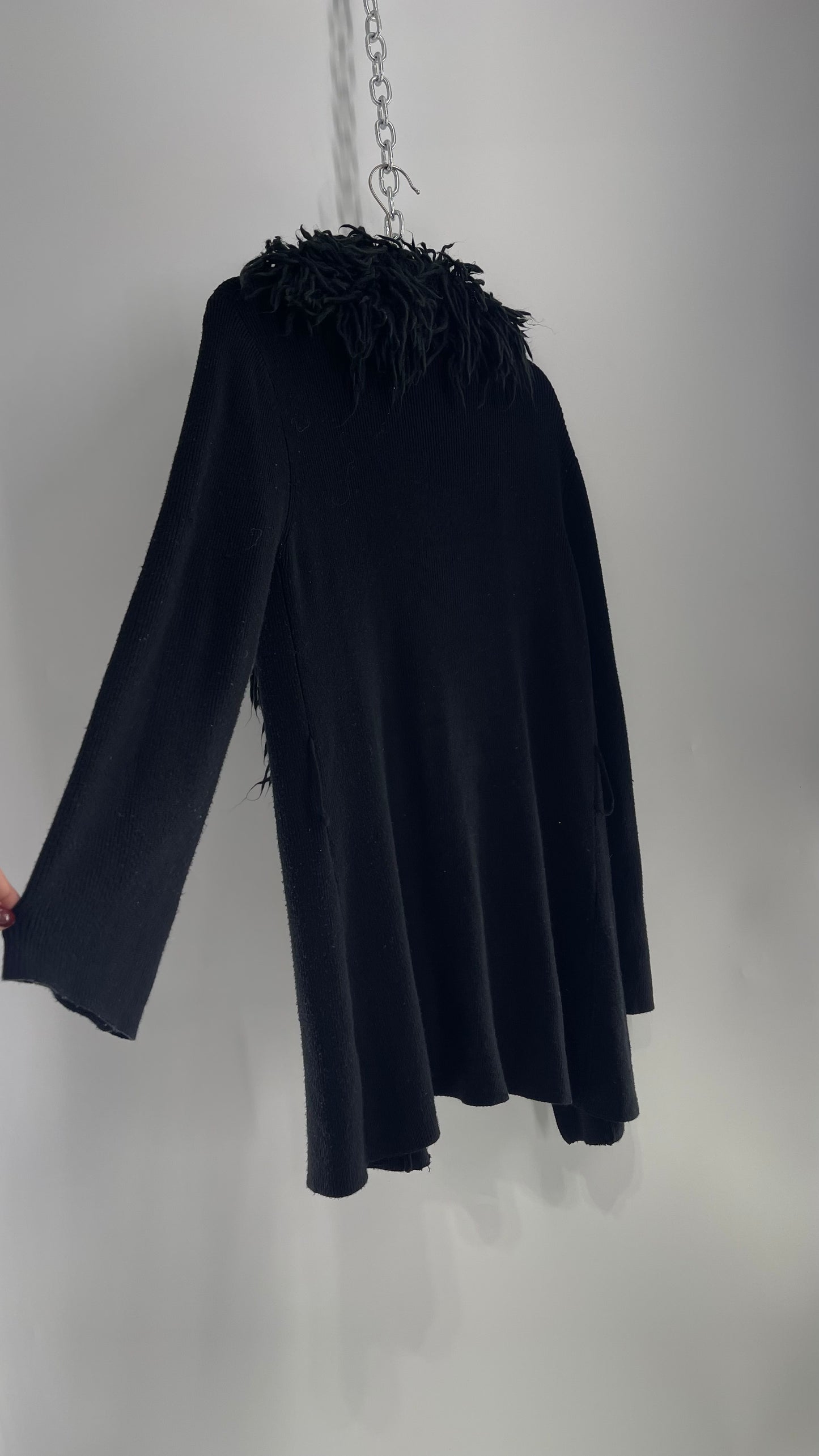 Dolce Cabo Vintage Worn Used Black Knit Cardigan with Exaggerated Shaggy Collar (Medium)