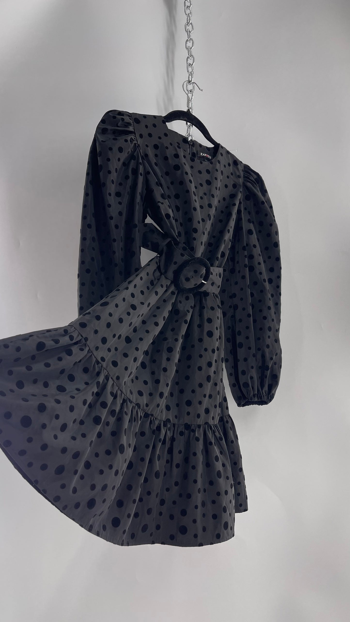 Express Black Taffeta Flare Out Dress with Balloon Sleeves, Velvet Polka Dot Pattern and Round Velour Belt Buckle (XS)