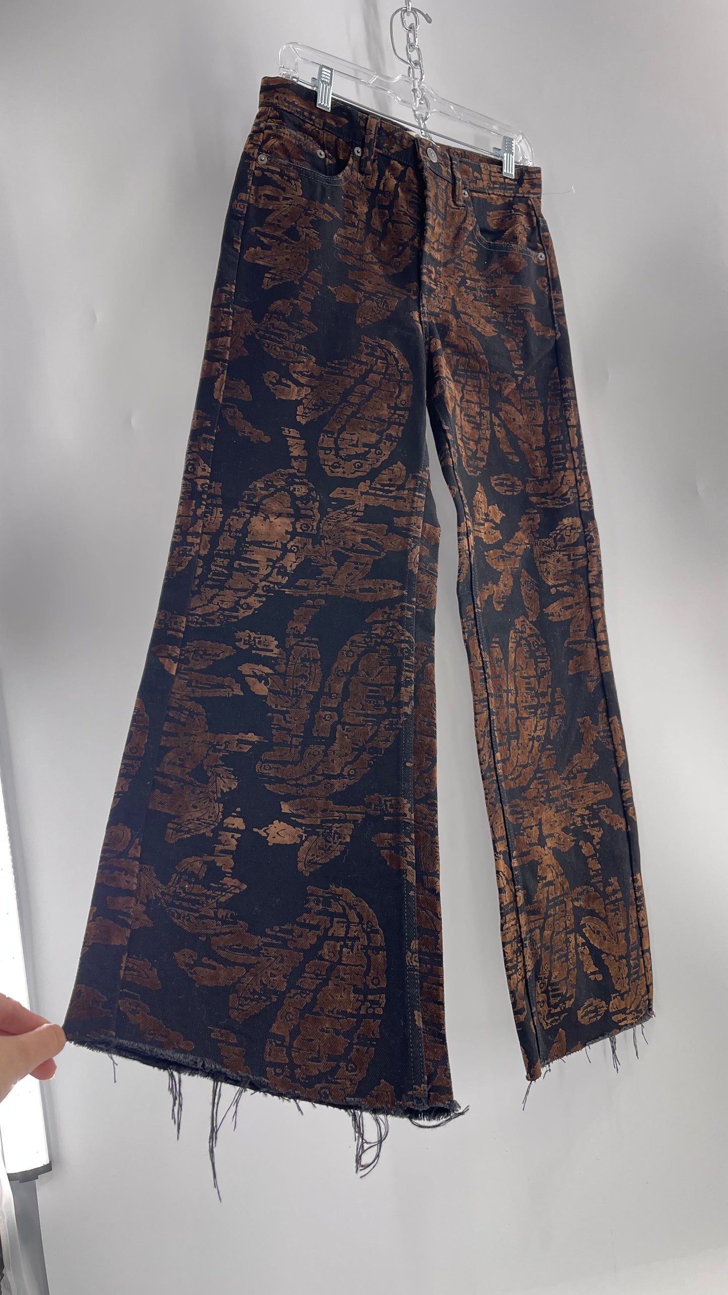 Free People Black/Brown Velvet Texture Graphic Straight Legs with Raw Edge Hem and Tags Attached (28)