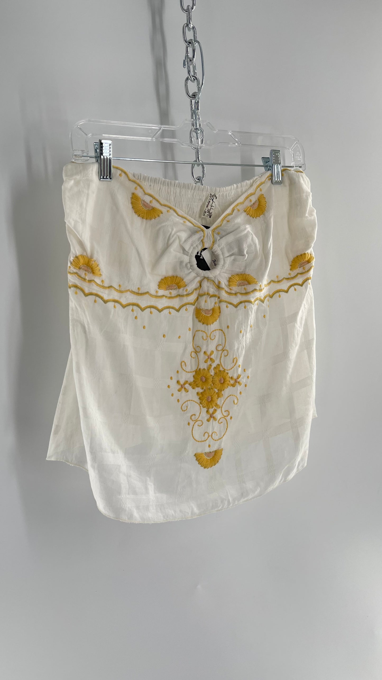 Intimately Free People White Cotton Tube Tank with Yellow Embroidered Detailing (L)