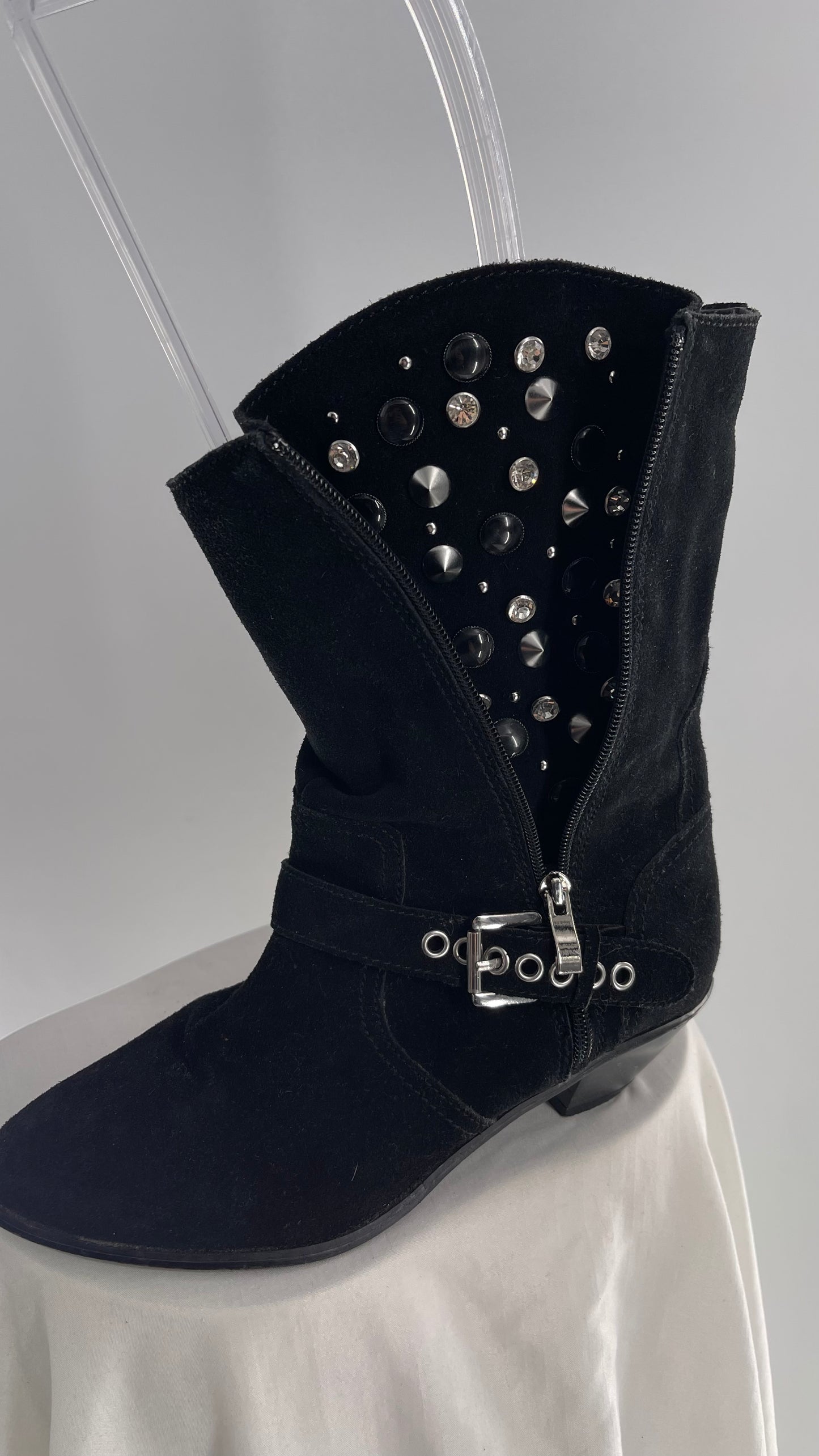Vintage Black Suede Cowboy Boots with Buckle and Zip Up, Rhinestone Studded Details (8.5)