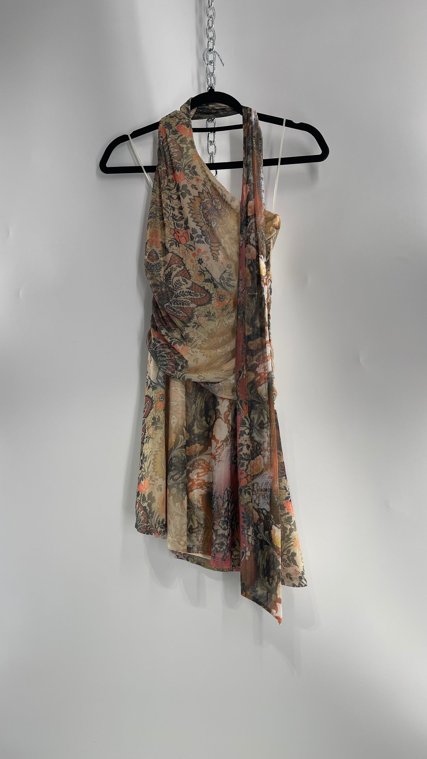 Urban Outfitters All Over 90s Tattoo Graphic Neck Tie Mini Dress with Asymmetric Hem (Medium)