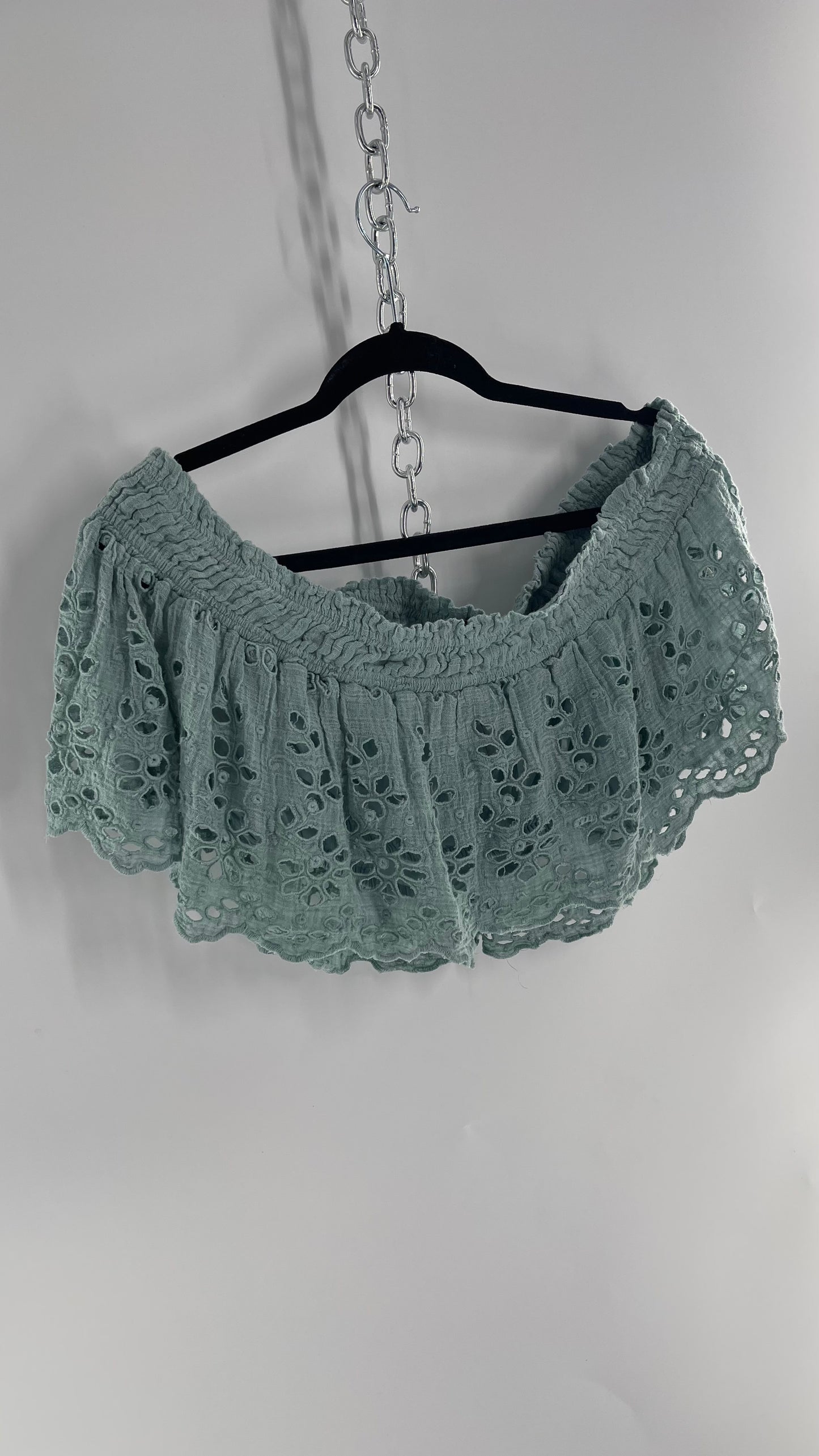 Free People Eyelet Cotton Teal Blue Off the Shoulder Ruffle Bandeau (Medium)