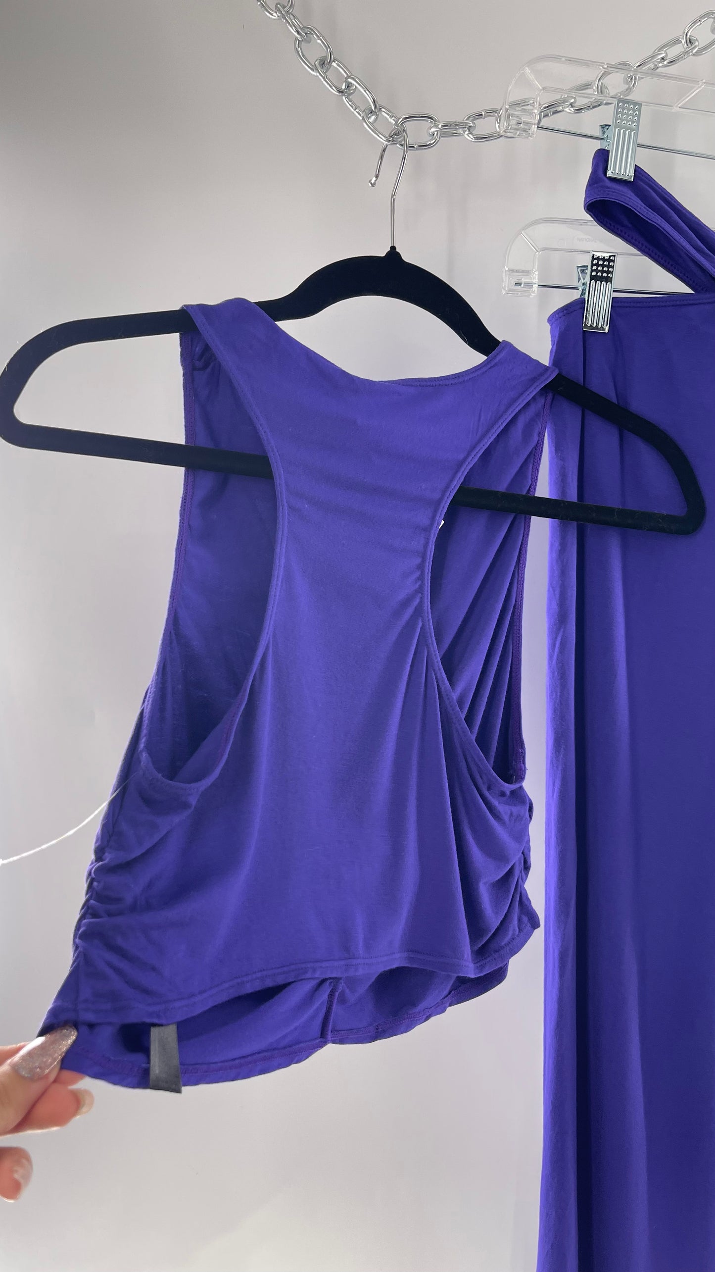 Free People 2 Piece Cobalt Purple Ruched Tank+ Cut Out Hip Strap Detail Flared Bottoms Set (Small)
