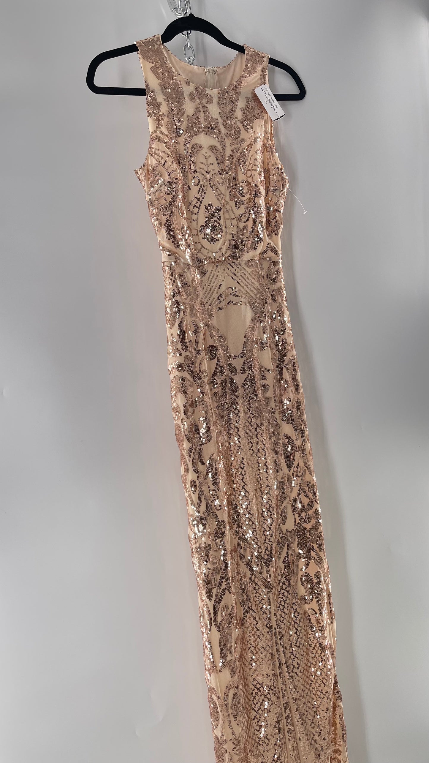 Windsor Rose Gold Sequin Maxi Dress with Side Slit Detail and Open Back (Small)