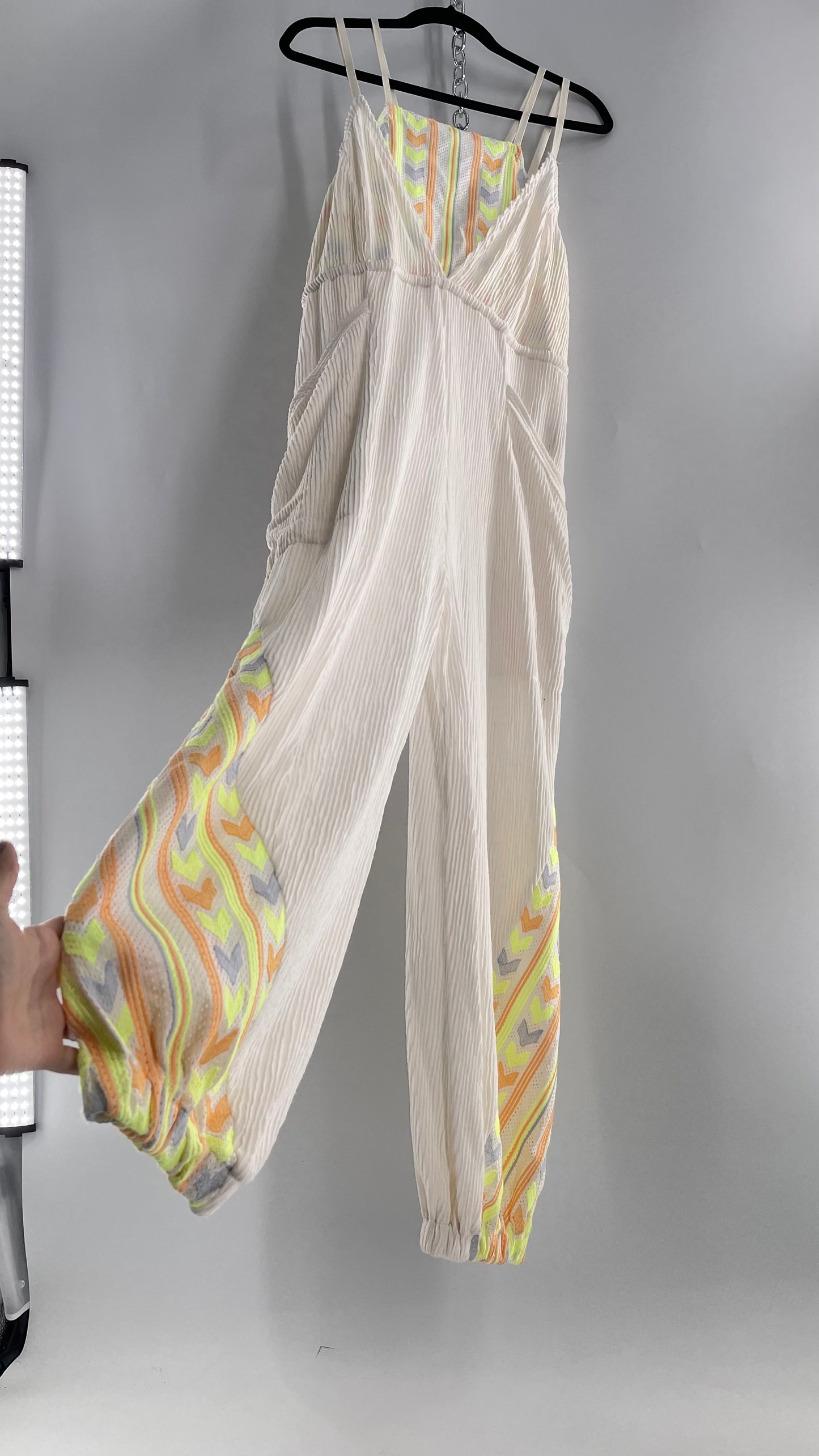 Free People Movement Cream Ribbed Jumpsuit with Yellow/Orange Embroidered Details and Waist Cinching Drawstring (Small)
