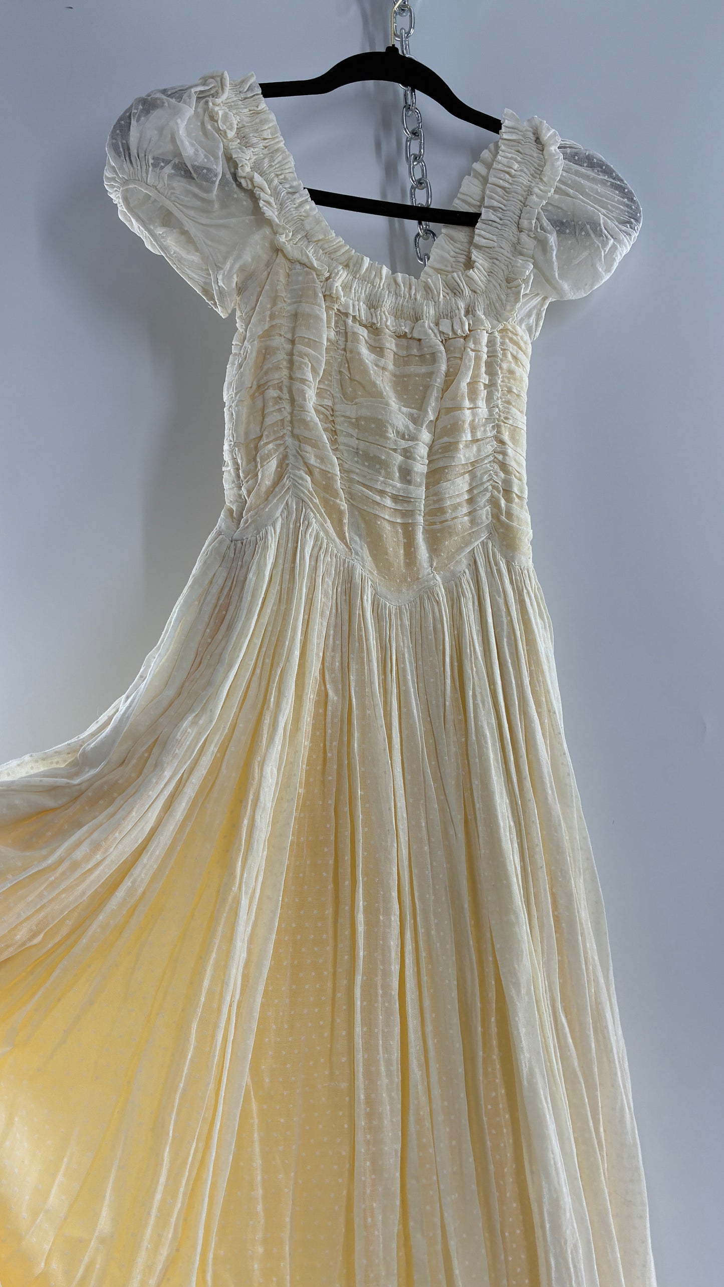 Vintage 1970s Off White Cotton Handmade Maxi Dress with Ruched Bodice, Puff Sleeves, and Polka Dot Texture (XS/S)