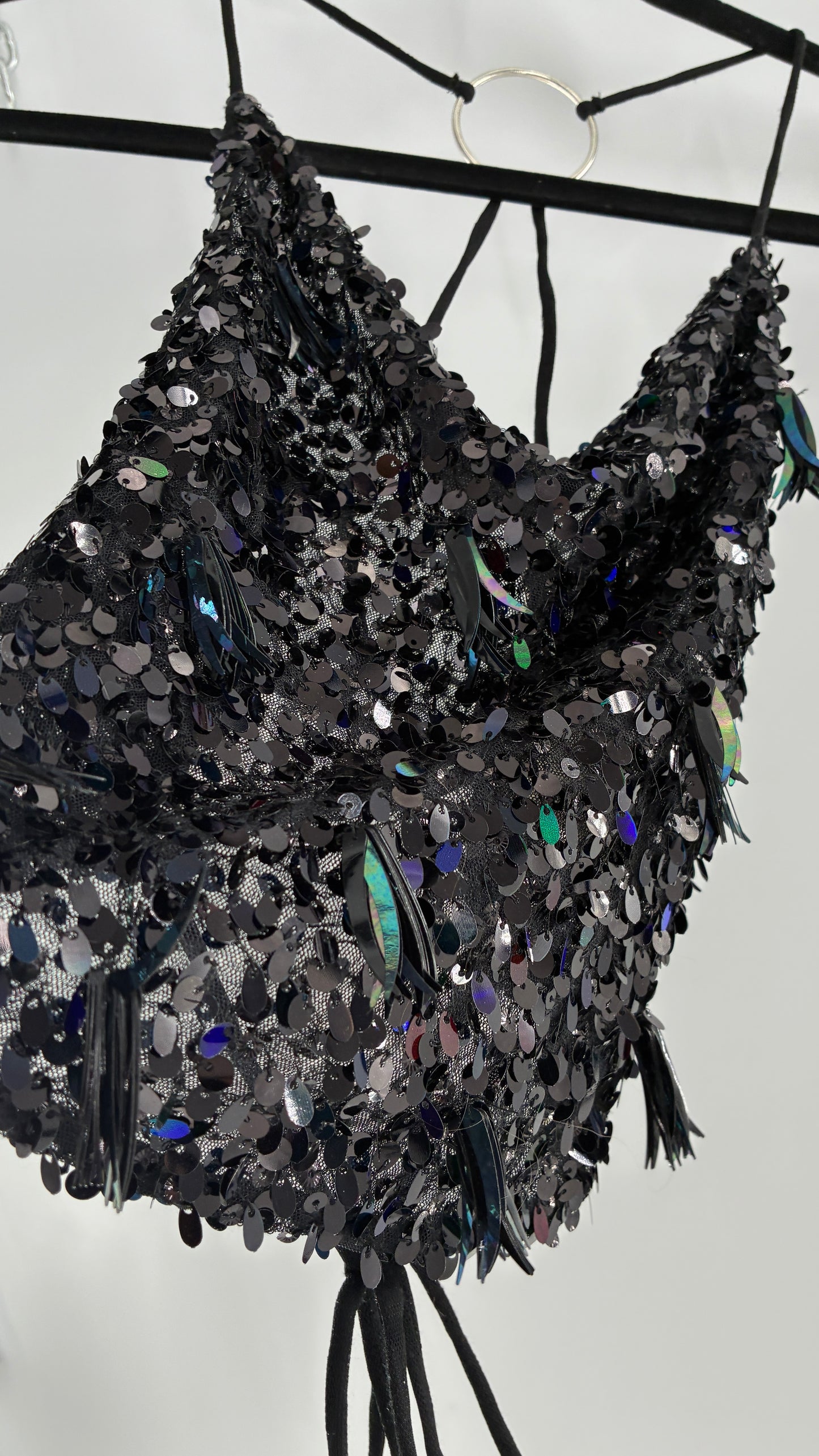 Free People Black Open, Tie Up Back Camisole Covered in Sequins with Silver Hoop Details (XS)