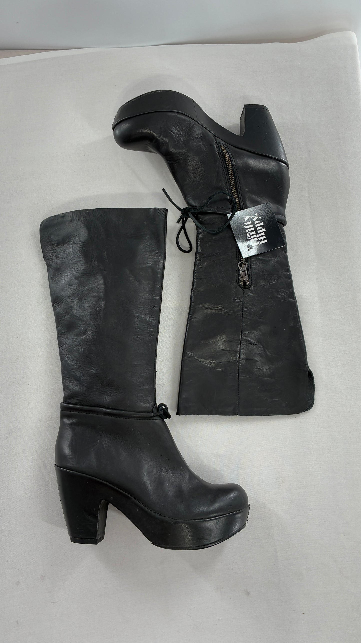 Vintage KORK EASE Black Genuine Leather Platform Clog, Knee High Boots (8/39)