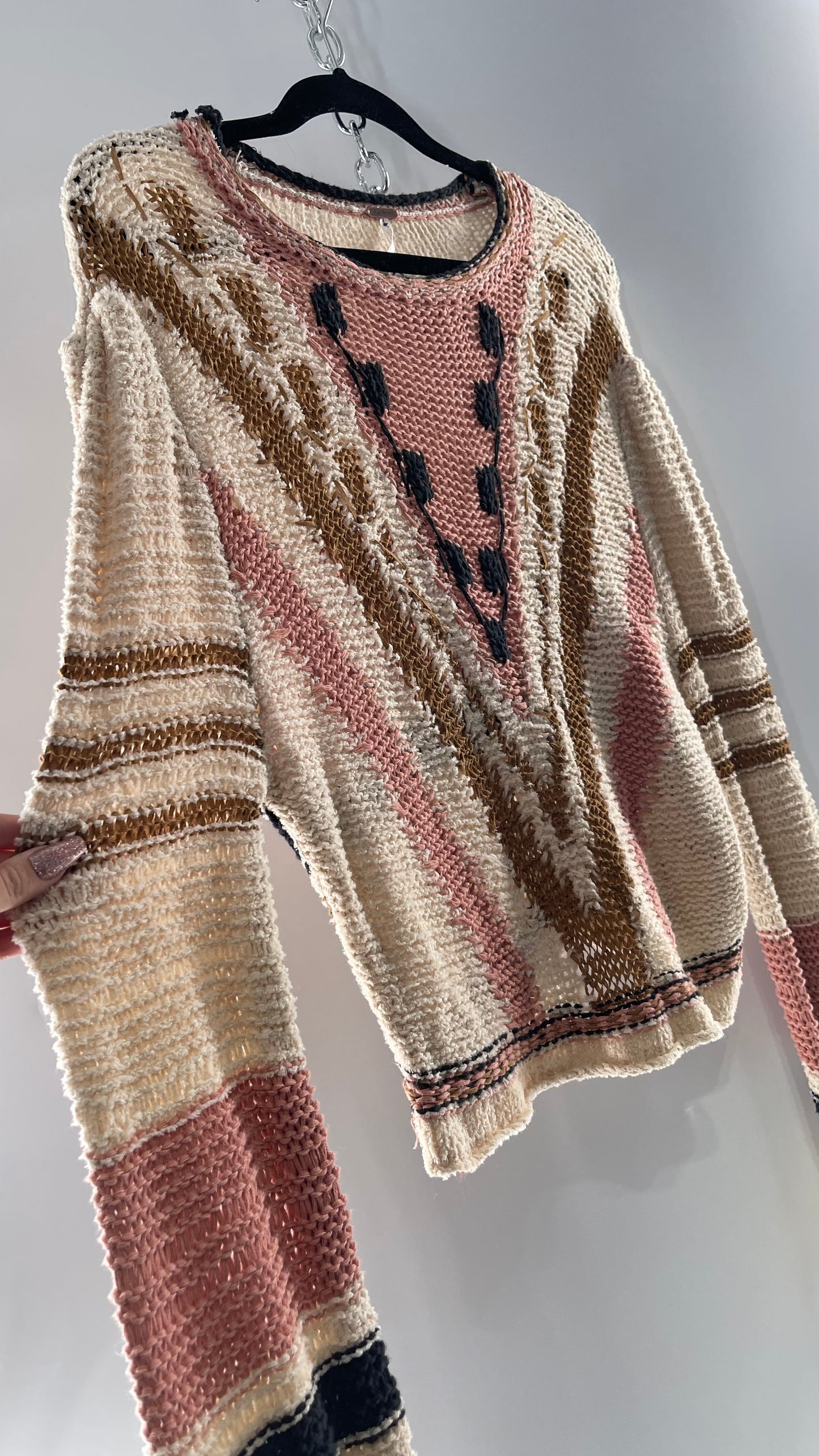 Free People Beige Slouchy Sweater with Dusty Pink, Tan and Black Striping Detail (Medium)