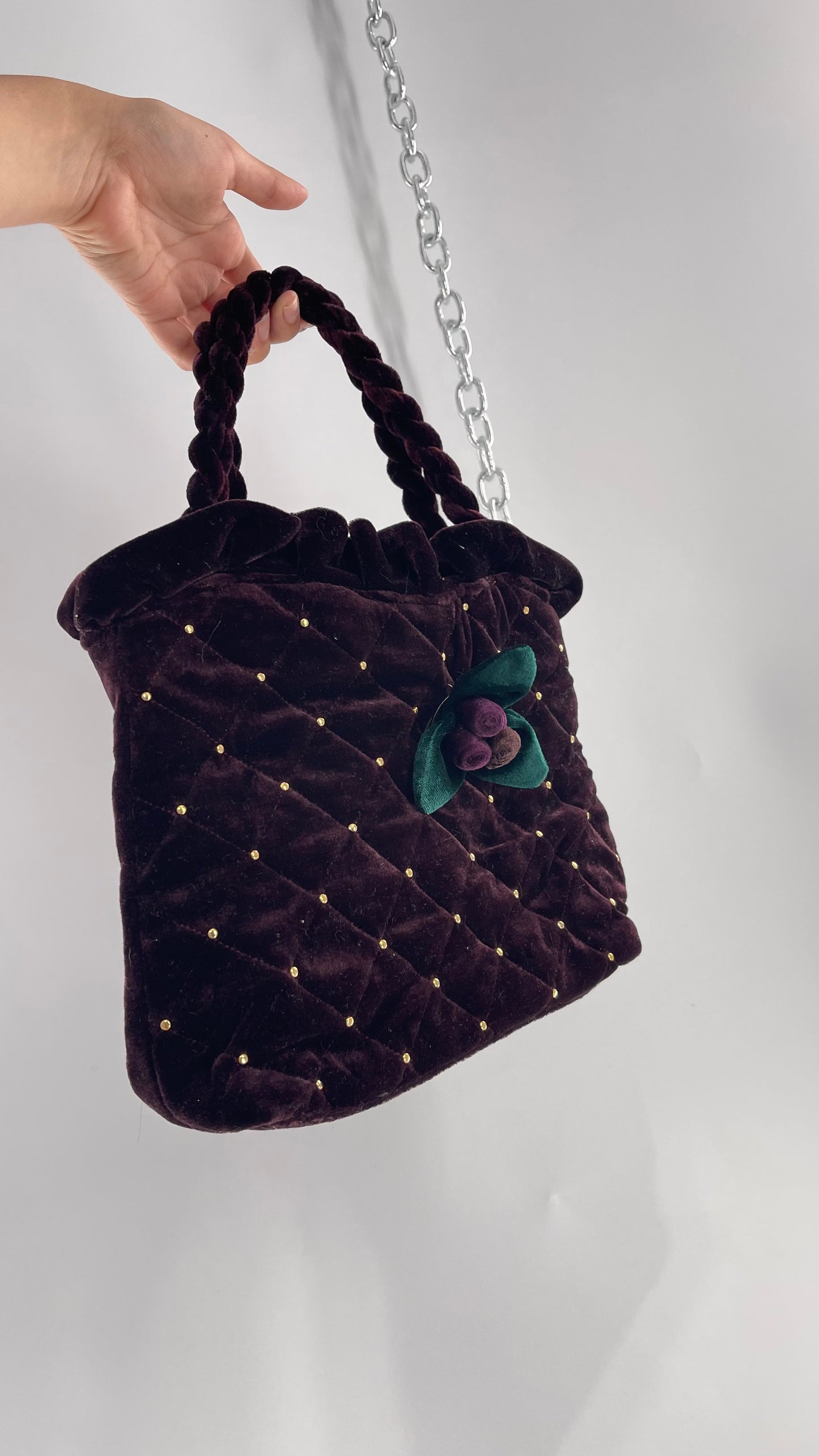Vintage Purple Violet Velvet Quilted Purse with Rope Handles and Gold Metal Closure