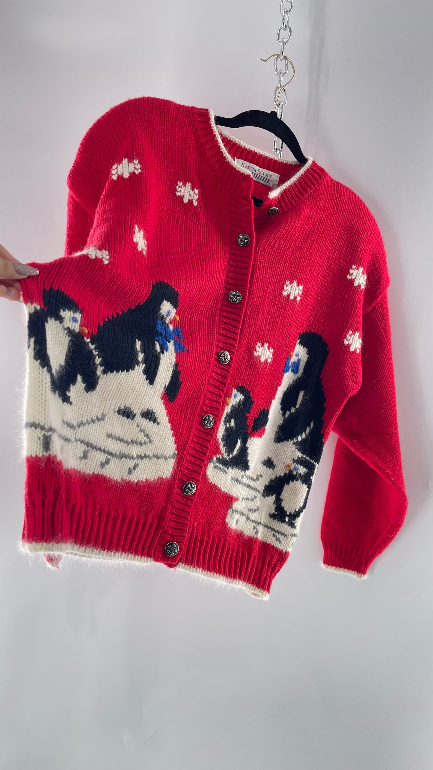 Vintage Karen Scott Silver Button Front, Red Cardigan with Shoulder Padding and the Sweetest Festive Penguins in Bow Ties (Large)