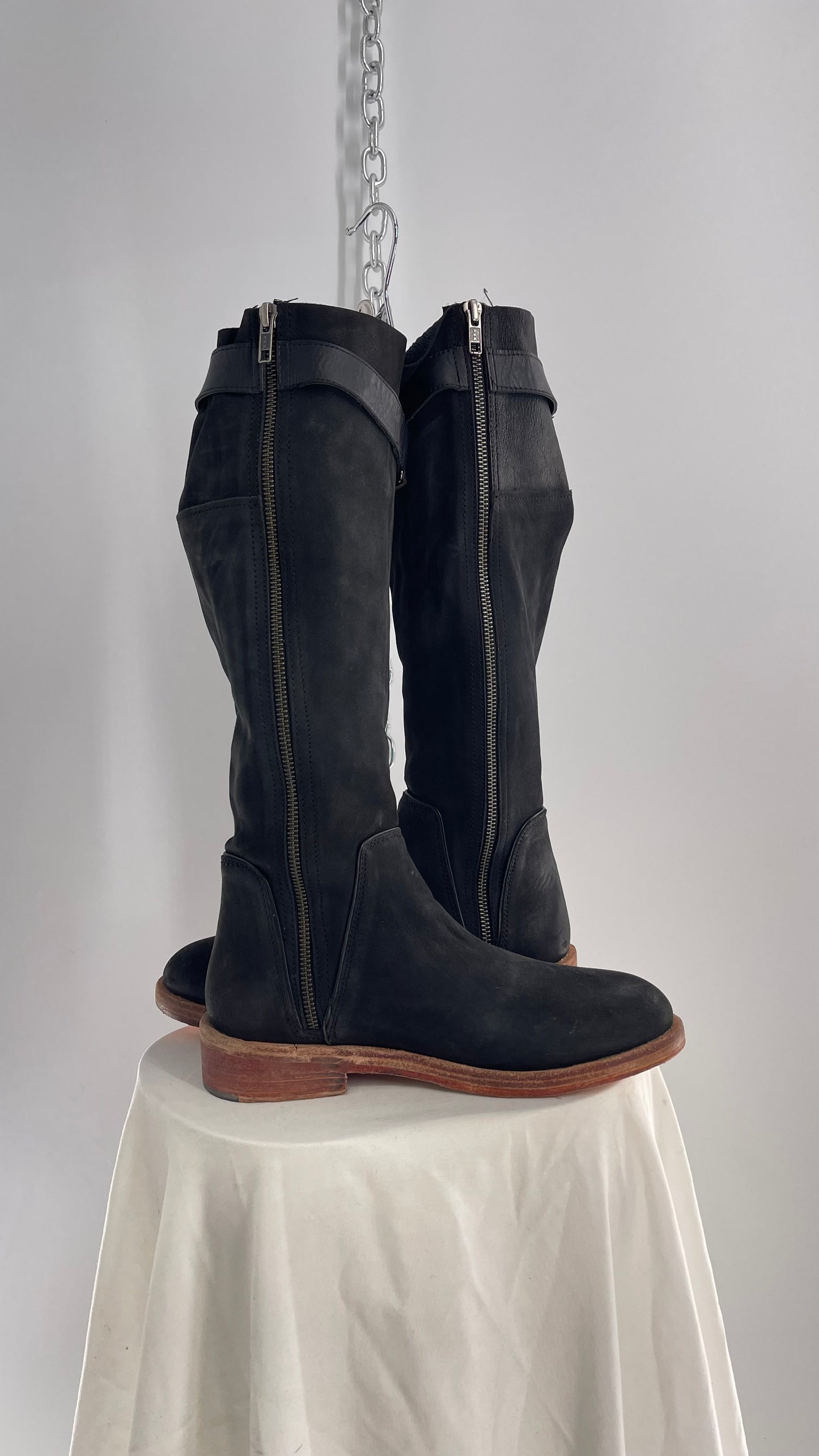 Free People Sayre Banks Slouchy Black Suede Leather Knee High Tassel Side Buckle Boot (38)