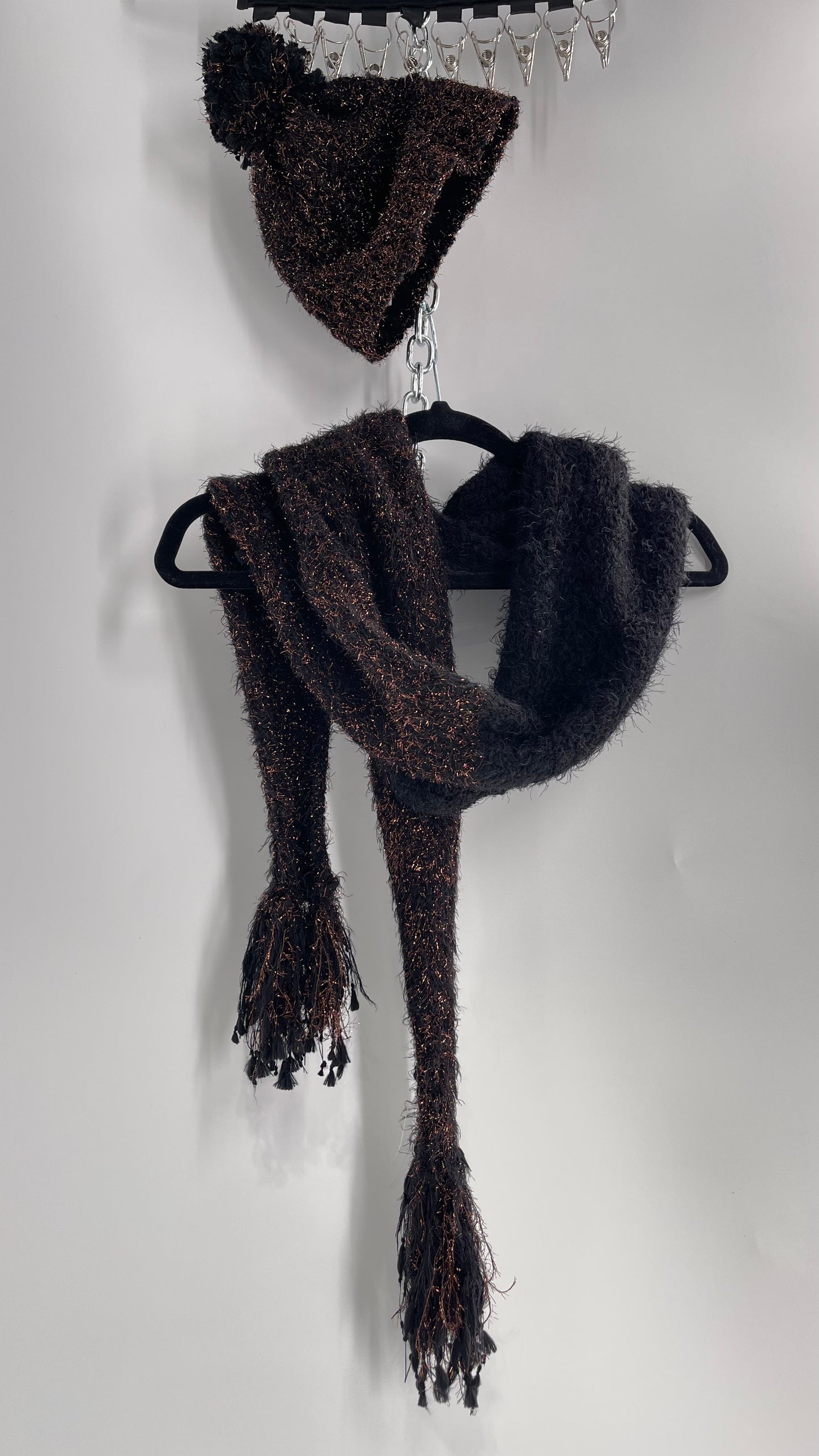 Anthropologie Bronze Tinsel Black Knit Beanie and Skinny Pom Scarf 2pc Set with Tags Attached