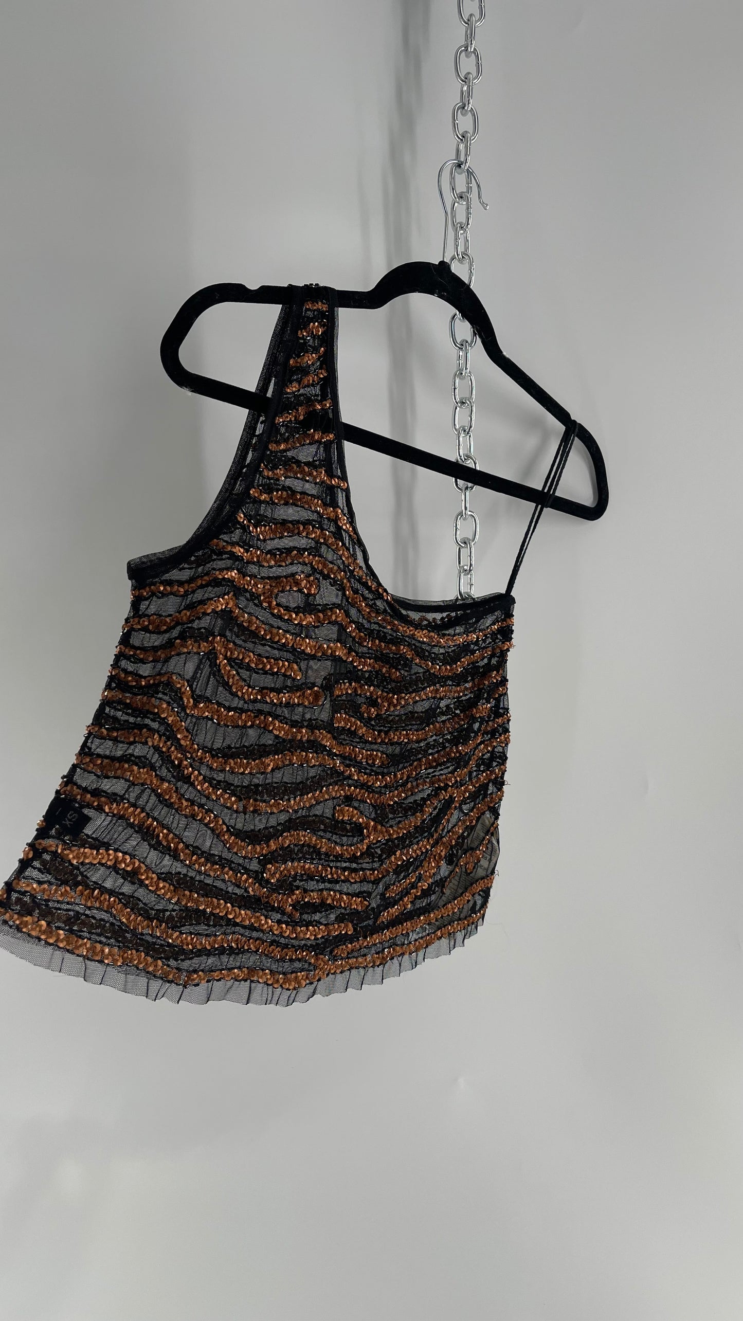 Free People Black Mesh One Shoulder Blouse with Copper Zebra Patterned Sequins (XS)