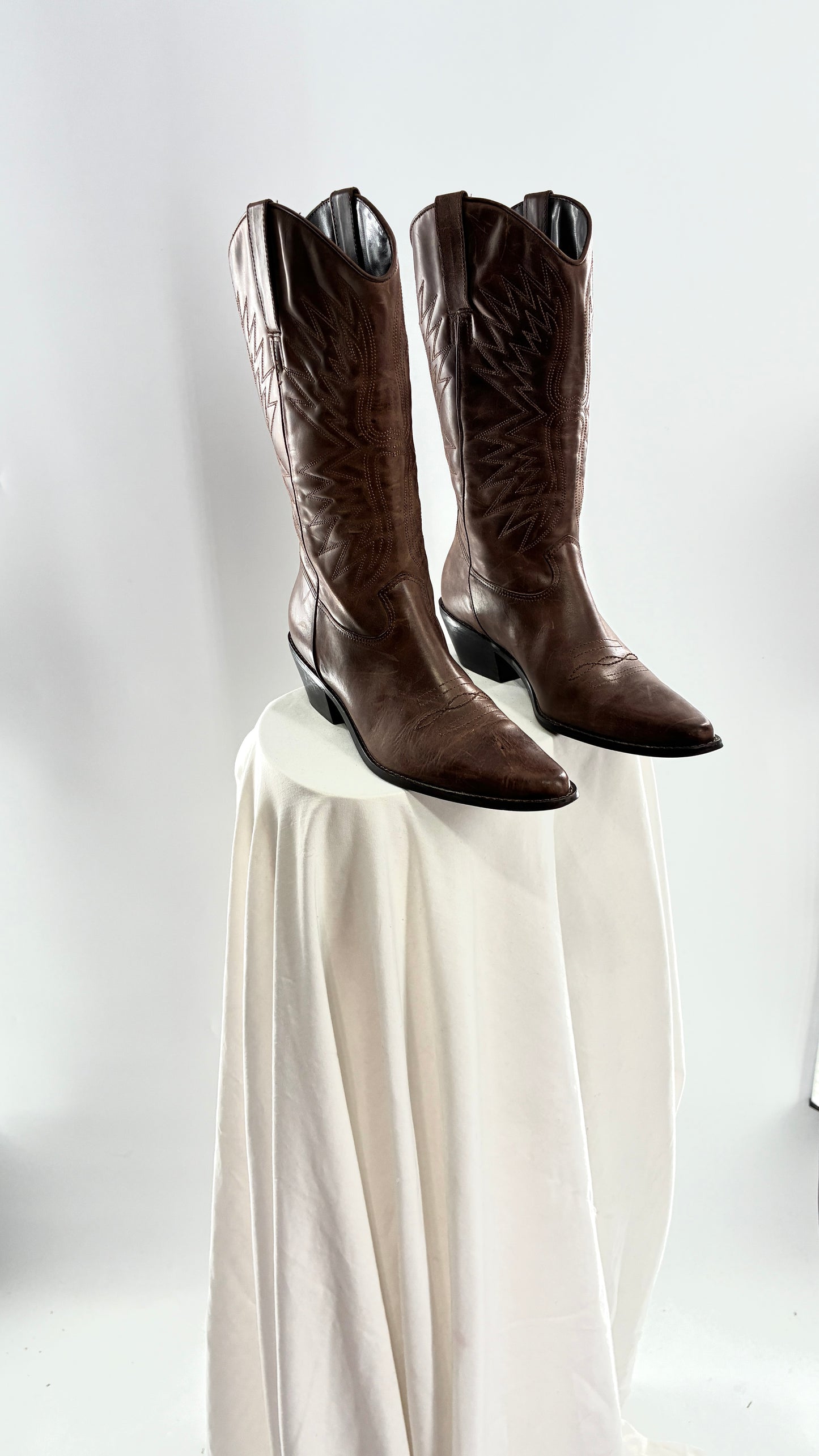 Vintage Genuine Leather Brown Cowboy Boots Made in Brazil (9.5)