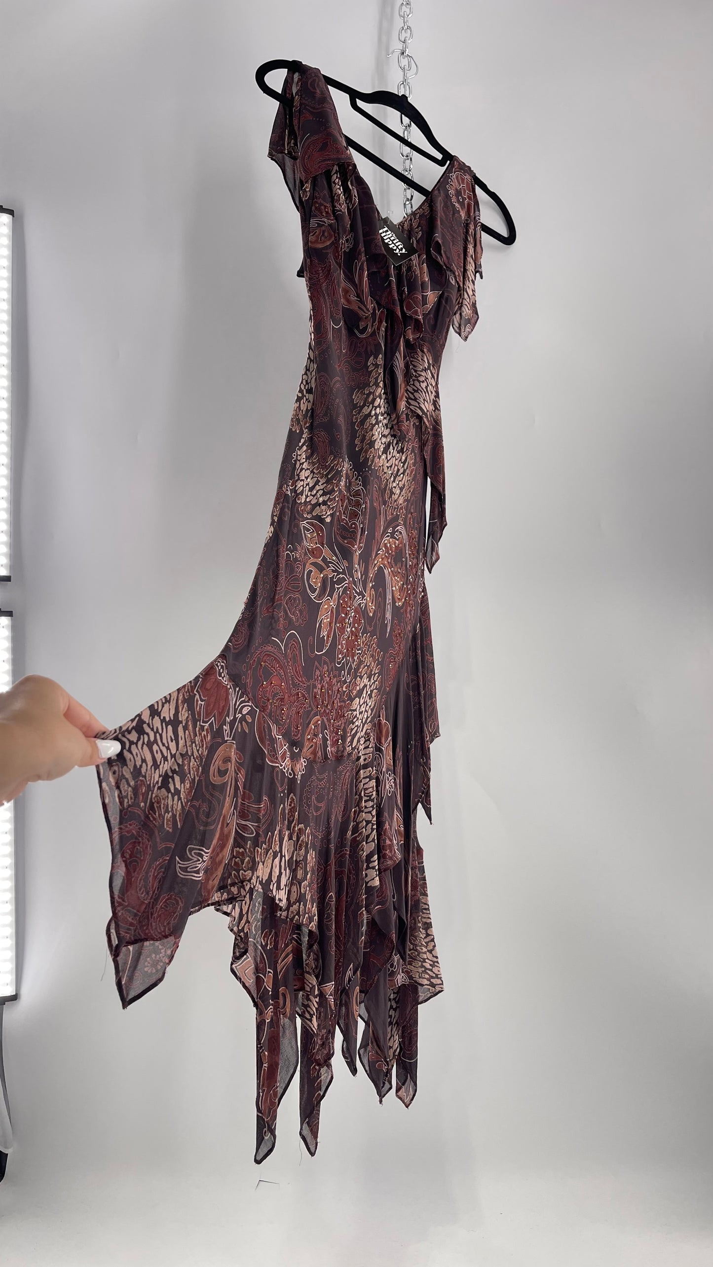 Vintage 90s EVA BLUE Brown MIDI dress with beading and Handkerchief Fairy Hem (10)
