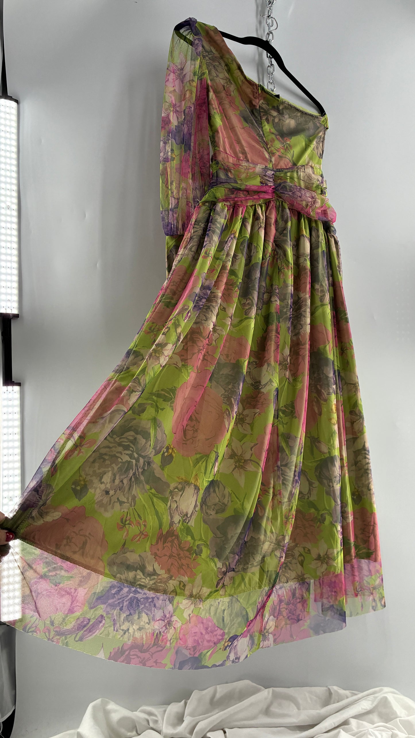 Vintage Open Waist Gown with Oversized Feathered Appliqué Rosette (Large)