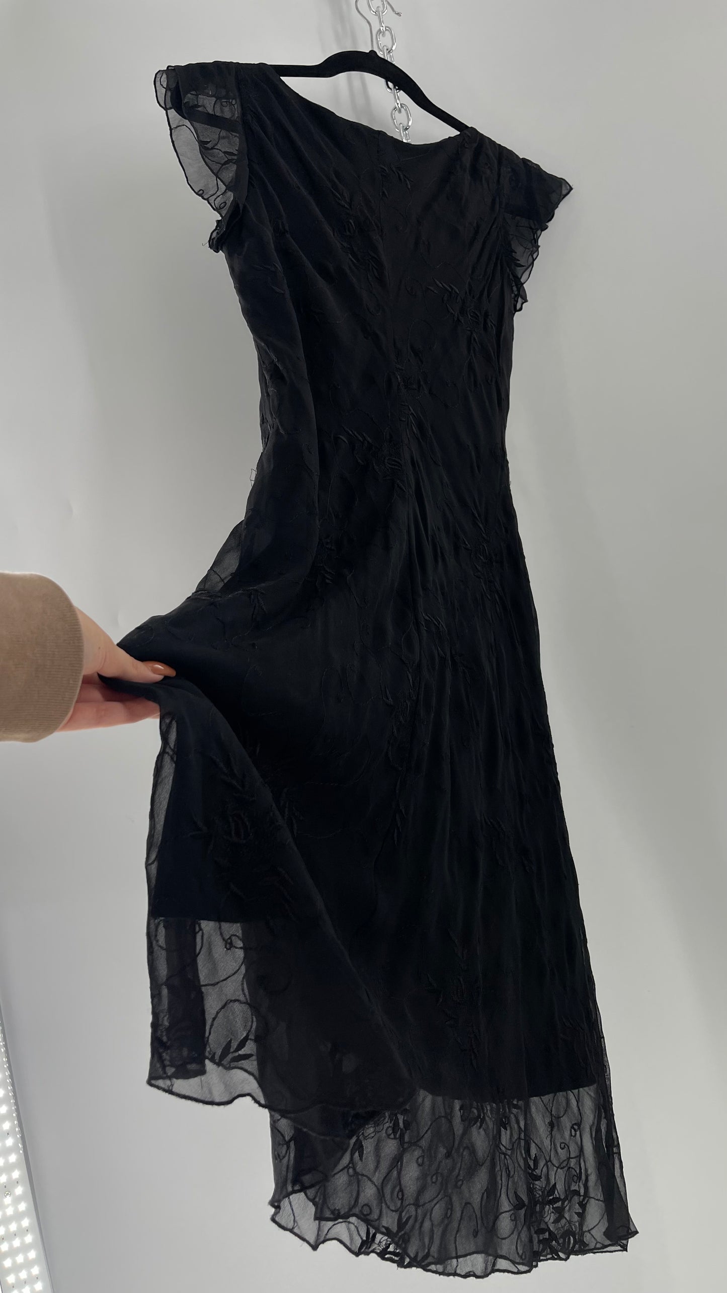 Vintage Jonathan Martin 100% Silk Black Embroidered MIDI Dress with Tie Shoulder Detail (10)