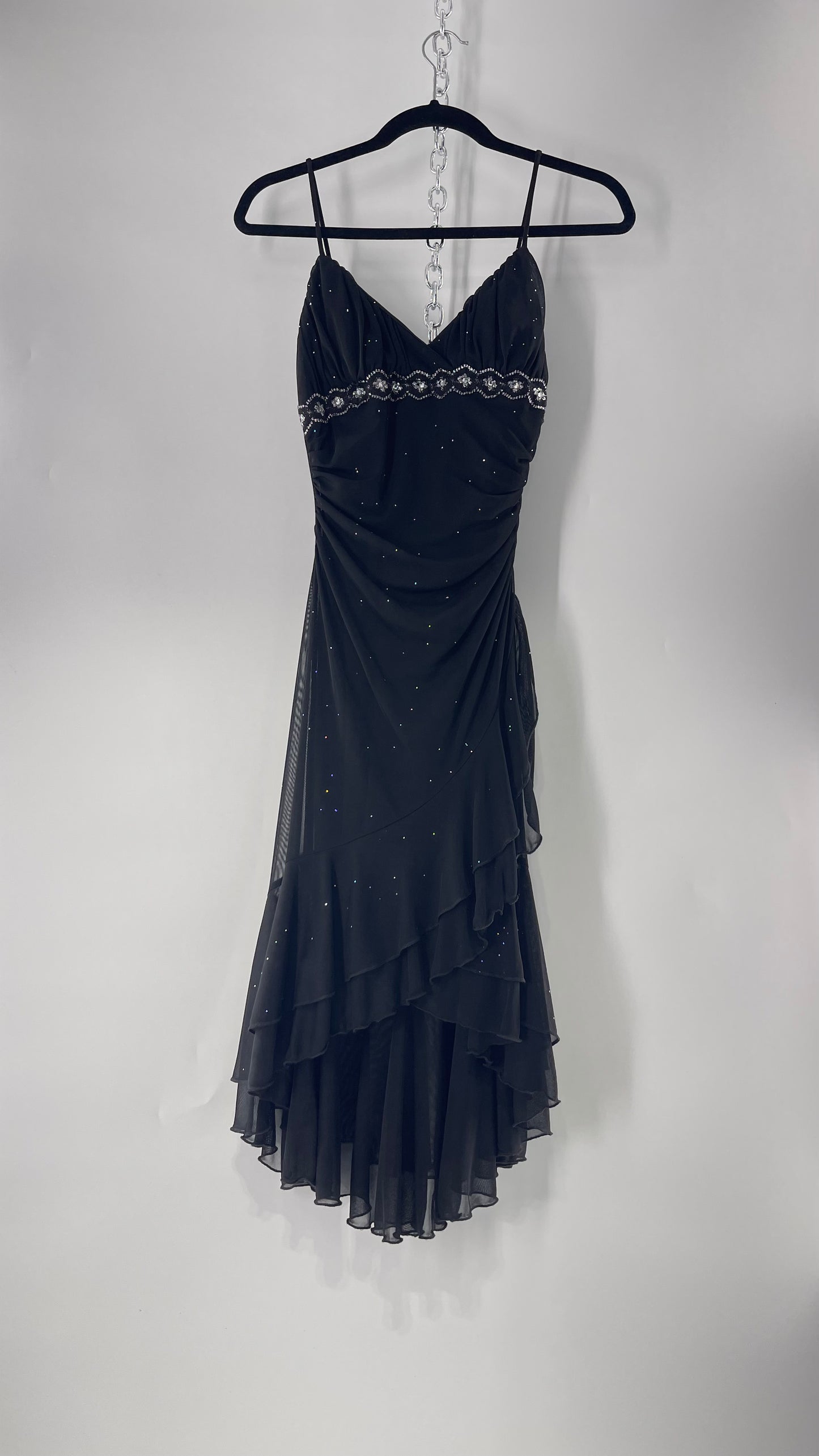 Vintage Taboo Midi Dress with Iridescent Sequins with Lace Underbust Detail, High Low Silhouette and Frills (Medium)