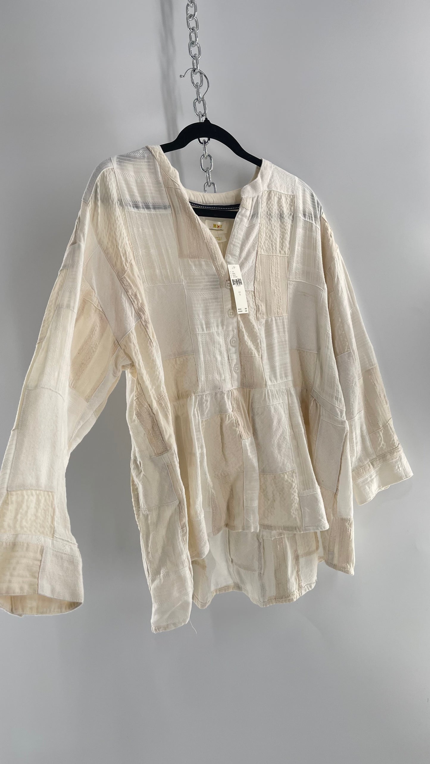 Anthropologie Patchwork Off White Voluminous Blouse with Tags Attached (Small)