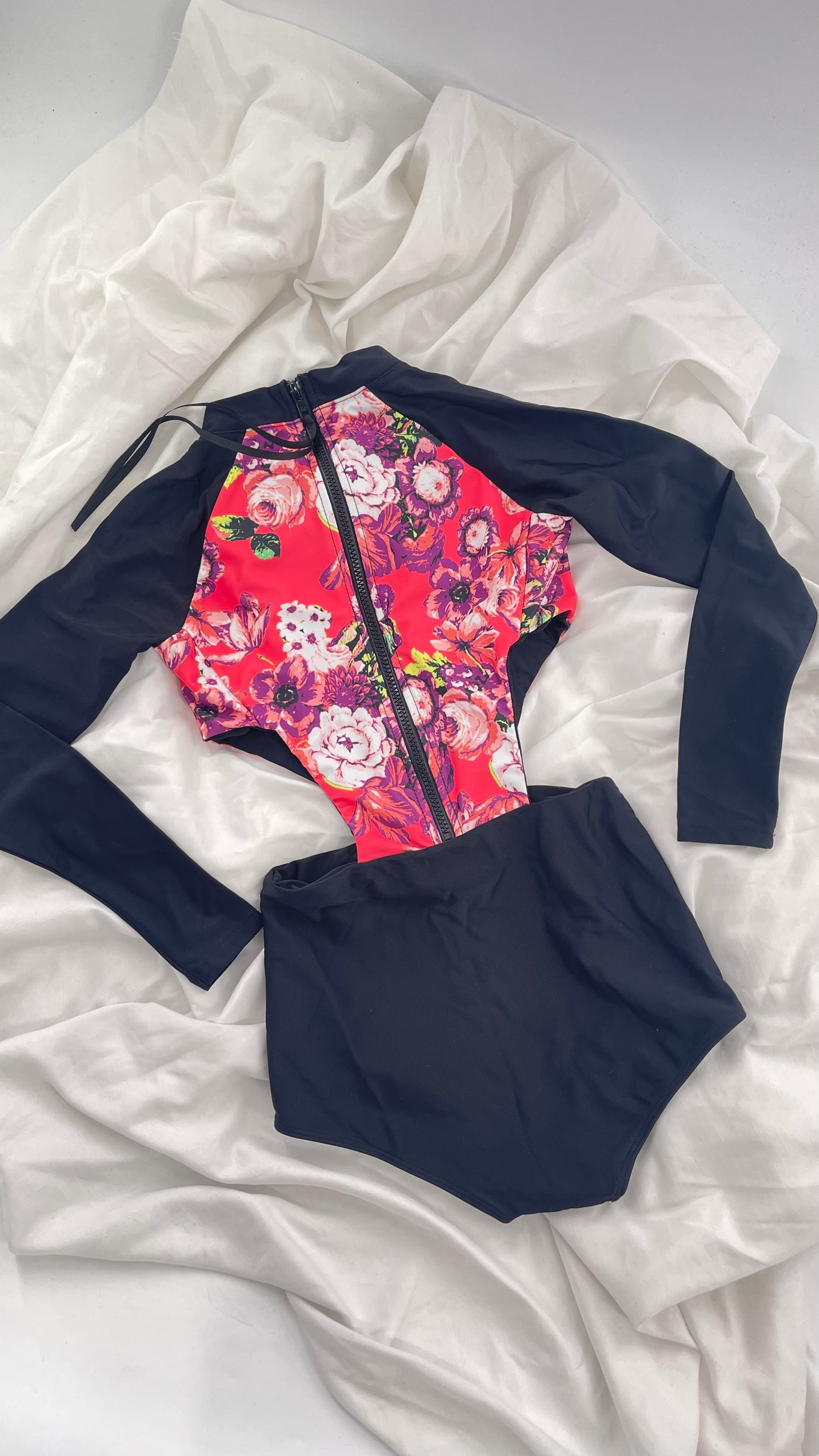 BEACH RIOT x Free People Black Long Sleeve Swimsuit with Hot Pink Floral Torso and Cut Outs (XS)
