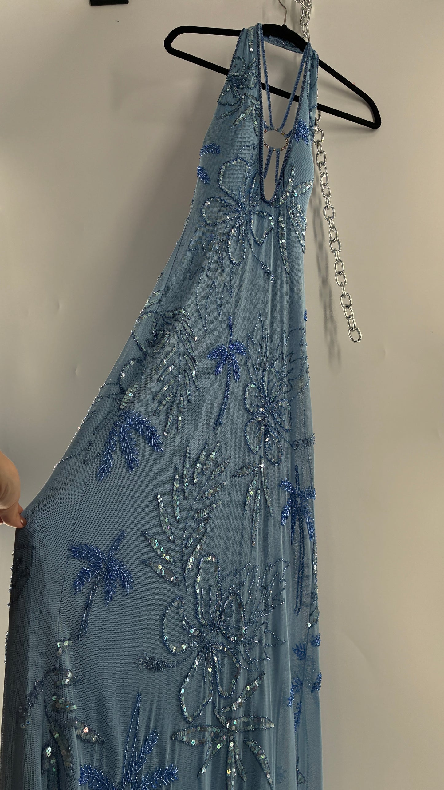 Vintage 1990s Powder Blue Gown Covered in Beaded Appliqué Tropical Designs with Strappy Bust and Low, Open Back (S/M, stretchy no size marked)