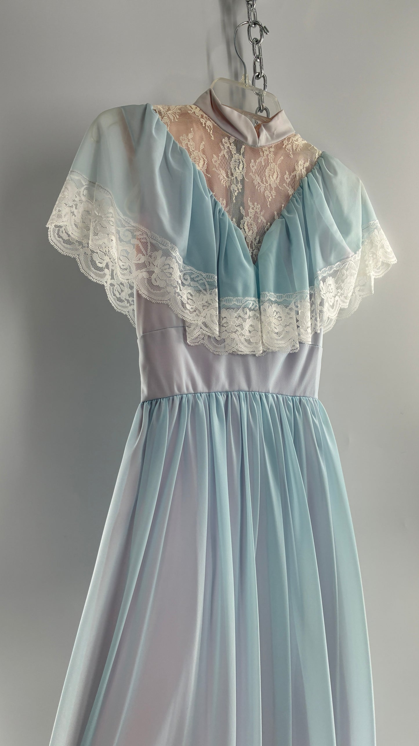 Vintage Handmade 1960s Powder Blue Overlay, Lilac Underlay Gown, Prairie Wedding Dress