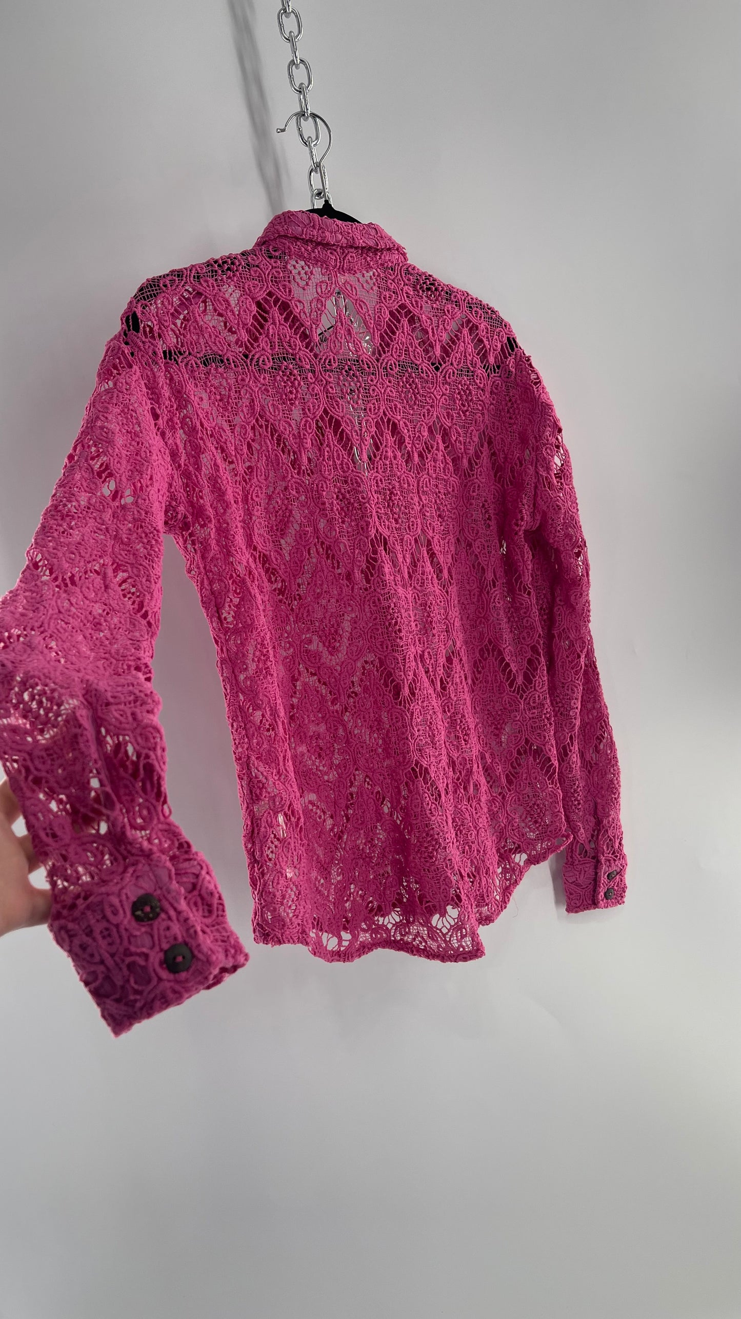Free People Until Sunday Fuchsia Purple/ Pink Thick Lace Button Front Blouse with Coconut Buttons (XS)
