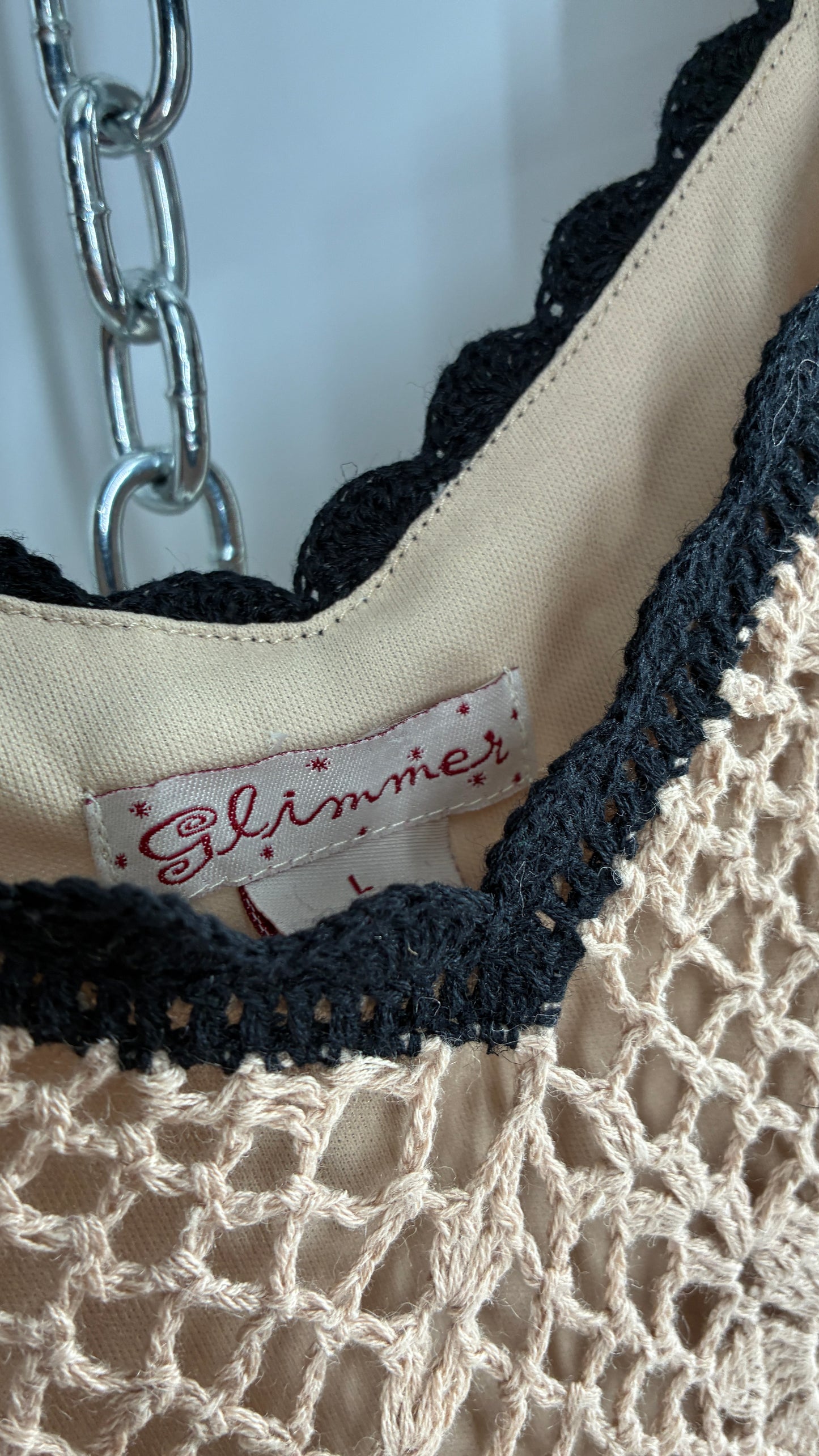Deadstock Vintage GLIMMER Crochet Black Trim Long Tank with Black Satin Ribbon (Large)